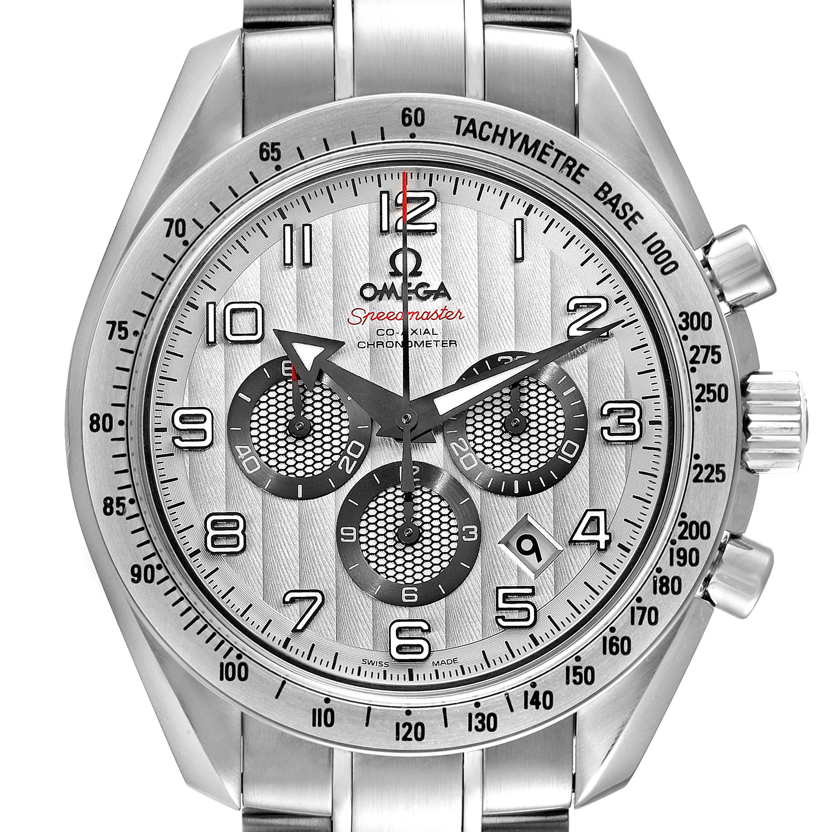This Omega Speedmaster 321.10.44.50.02.001 Men
s Stainless Steel Silver Dial 321.10.44.50.02.001 Men
s Stainless Steel Silver Dial watch is shown from a front angle, displaying its dial, tachymeter bezel, and stainless steel bracelet.