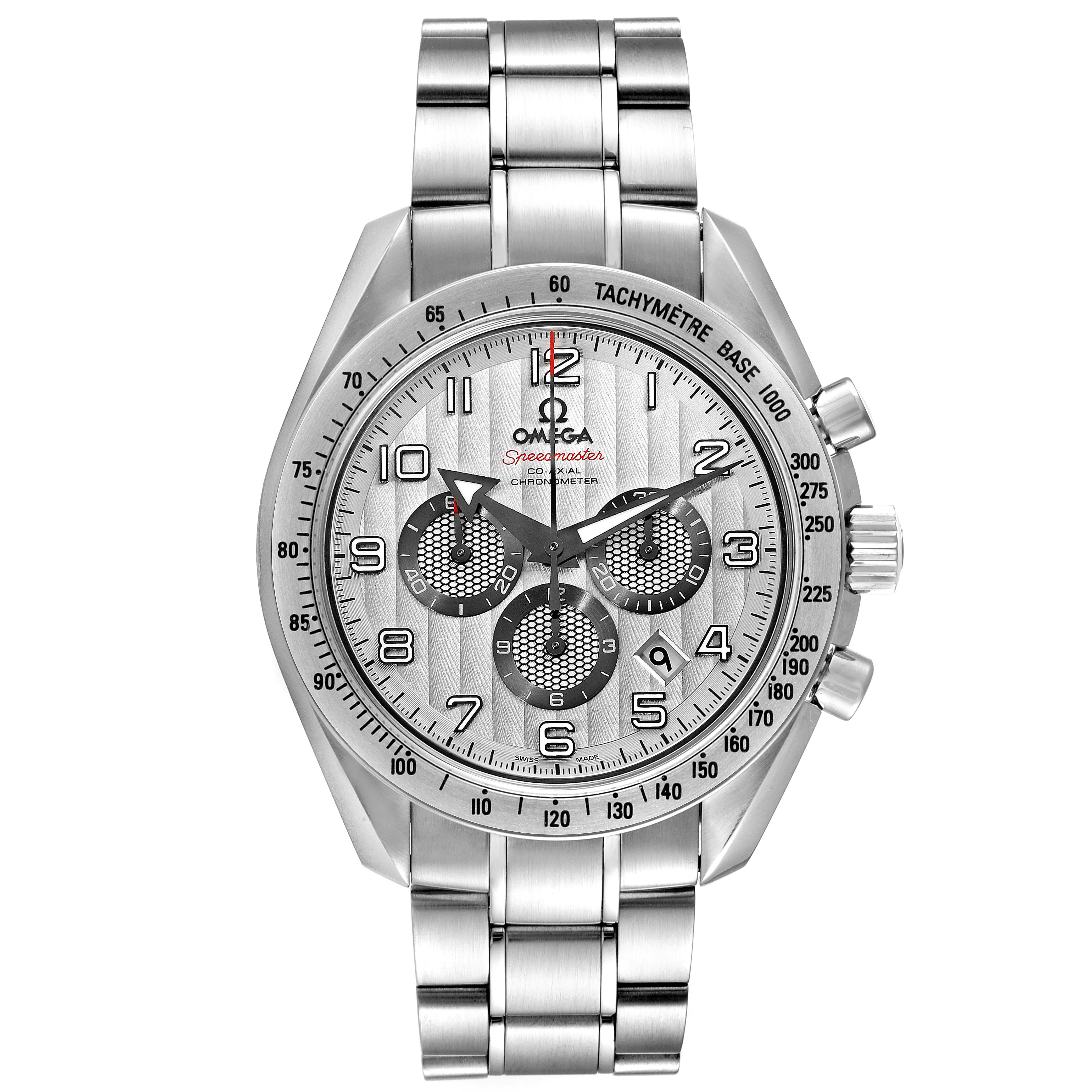 This image shows a front view of an Omega Speedmaster 321.10.44.50.02.001 Men
s Stainless Steel Silver Dial 321.10.44.50.02.001 Men
s Stainless Steel Silver Dial watch with a stainless steel band and chronograph features.