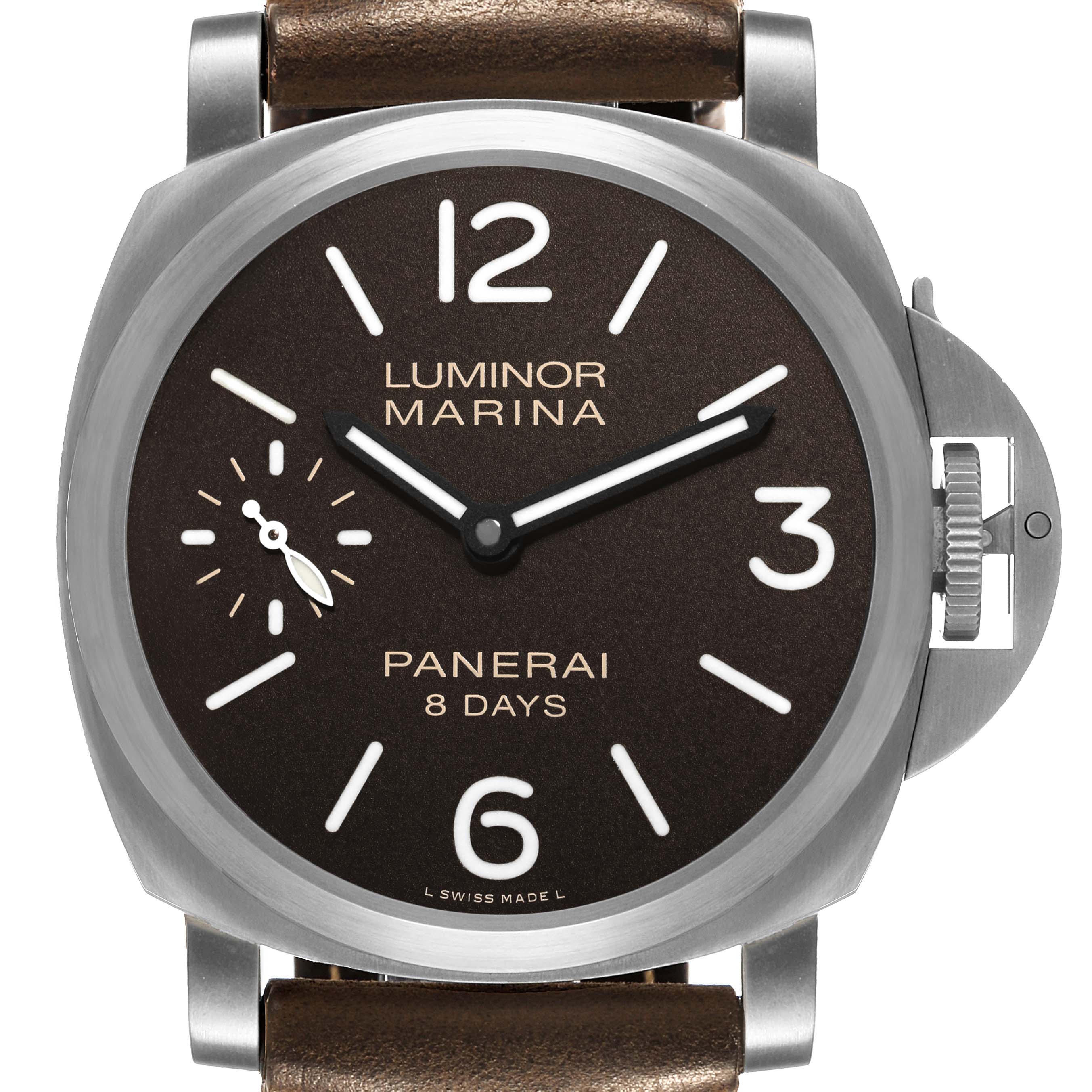 The Panerai Luminor PAM00564 Men's Titanium Black Dial watch is shown from the front, highlighting its dial, crown guard, and leather strap.