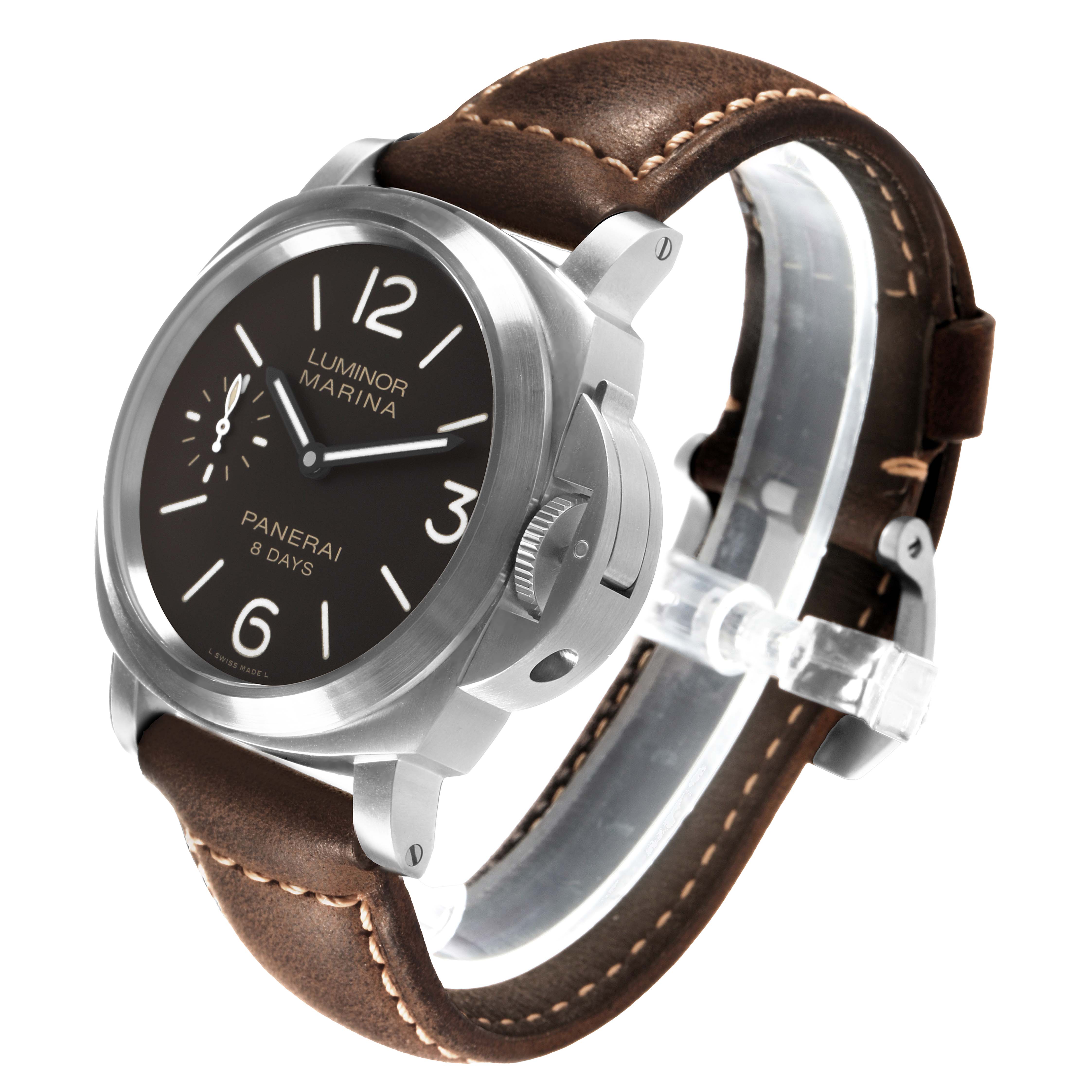 The Panerai Luminor PAM00564 Men's Titanium Black Dial watch is shown at a slight angle, showcasing the face, crown guard, and leather strap.