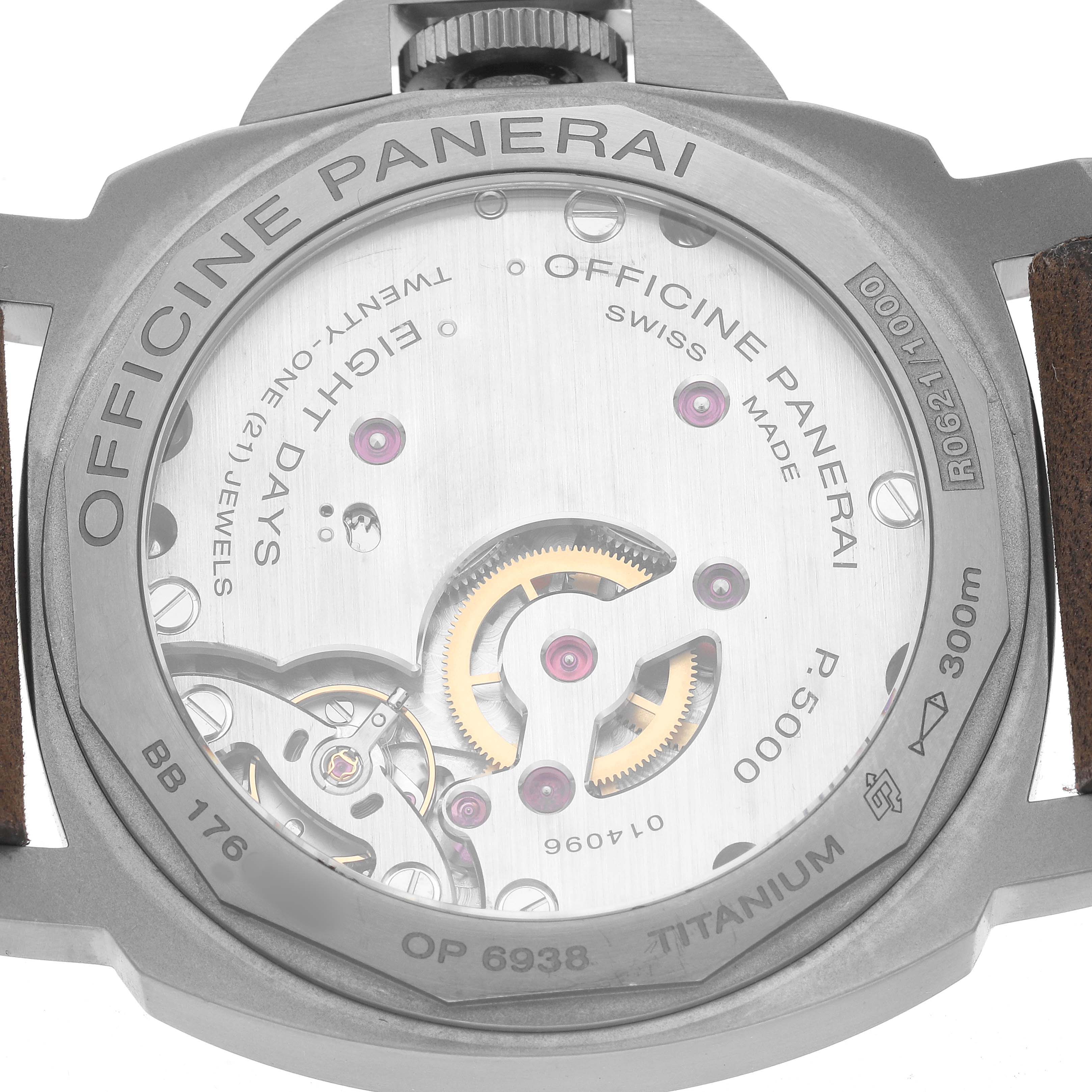 The image shows the back case of a Panerai Luminor PAM00564 Men's Titanium Black Dial, revealing the movement and inner mechanisms.