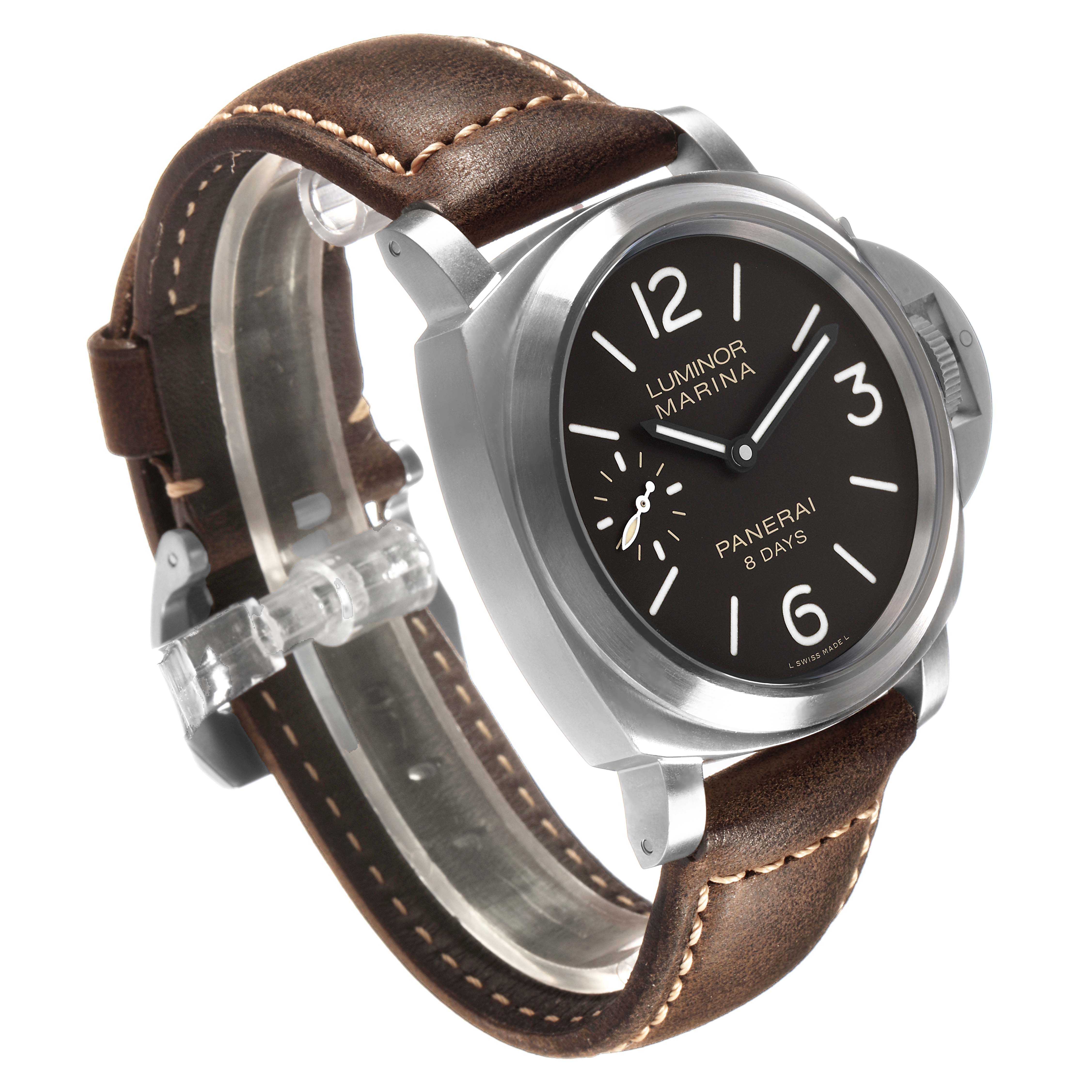 The image shows a Panerai Luminor PAM00564 Men's Titanium Black Dial watch at a slight angle, highlighting the face, bezel, case, and brown leather strap.
