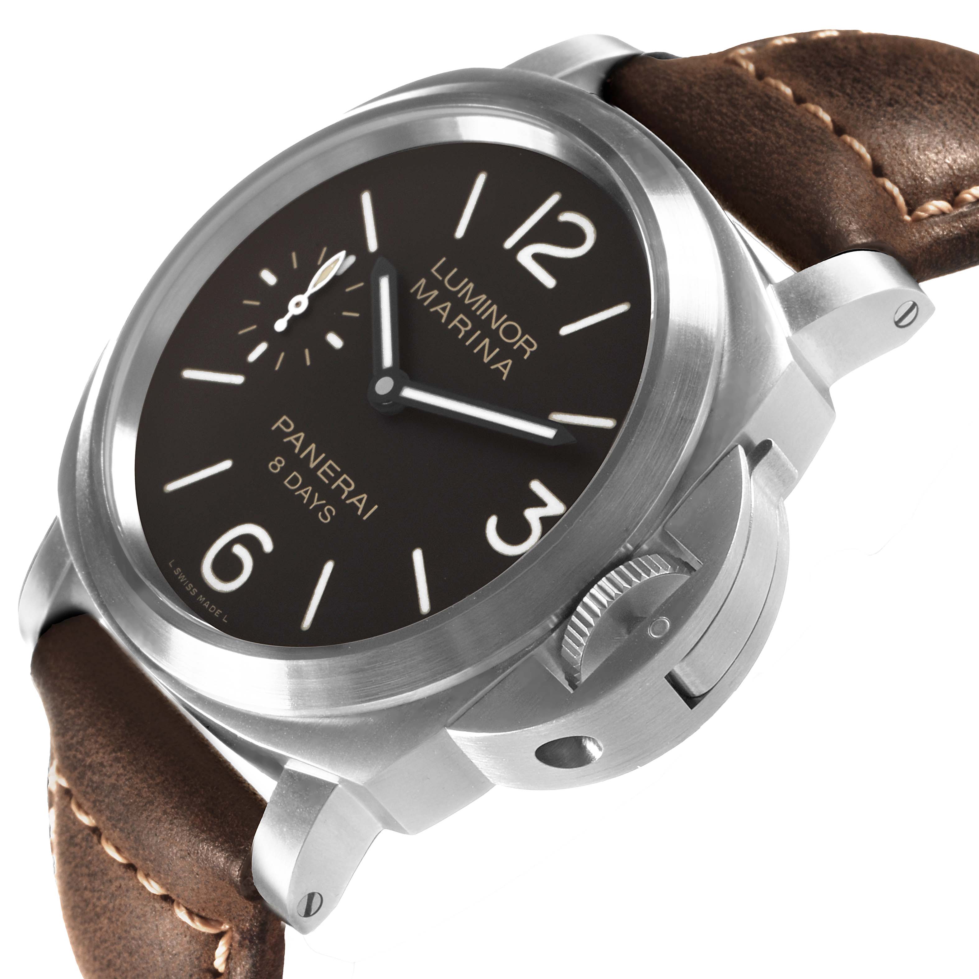 The Panerai Luminor PAM00564 Men's Titanium Black Dial model is shown at a slight side angle, highlighting its dial, crown guard, and leather strap.