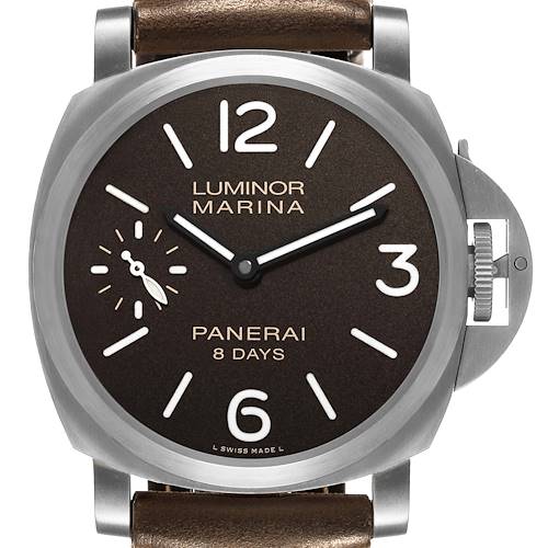 The Panerai Luminor PAM00564 Men's Titanium Black Dial watch is shown from a front angle, highlighting the dial, markers, hands, and crown guard.