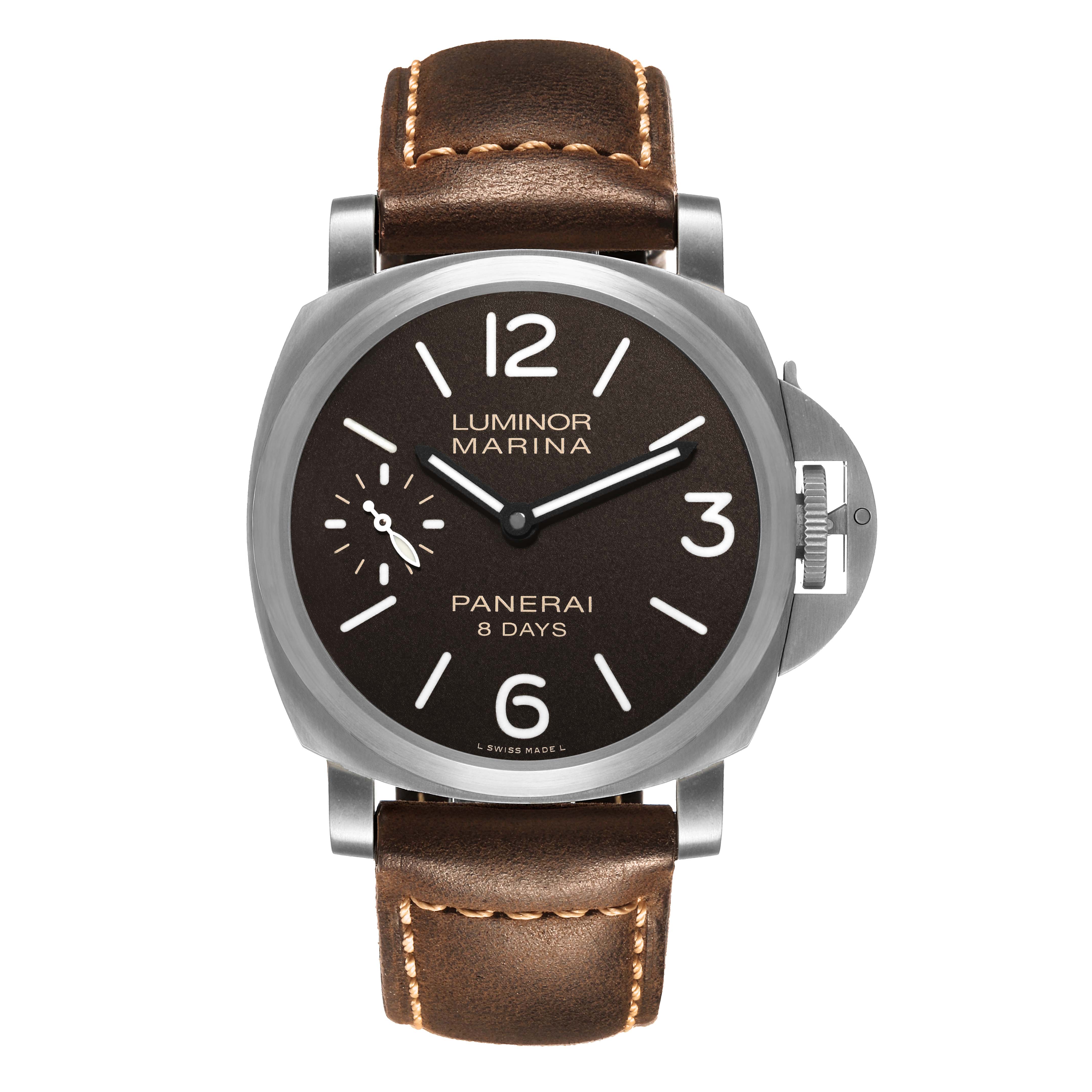 The Panerai Luminor PAM00564 Men's Titanium Black Dial watch is shown from a top-down angle, highlighting the face, crown guard, and leather strap.