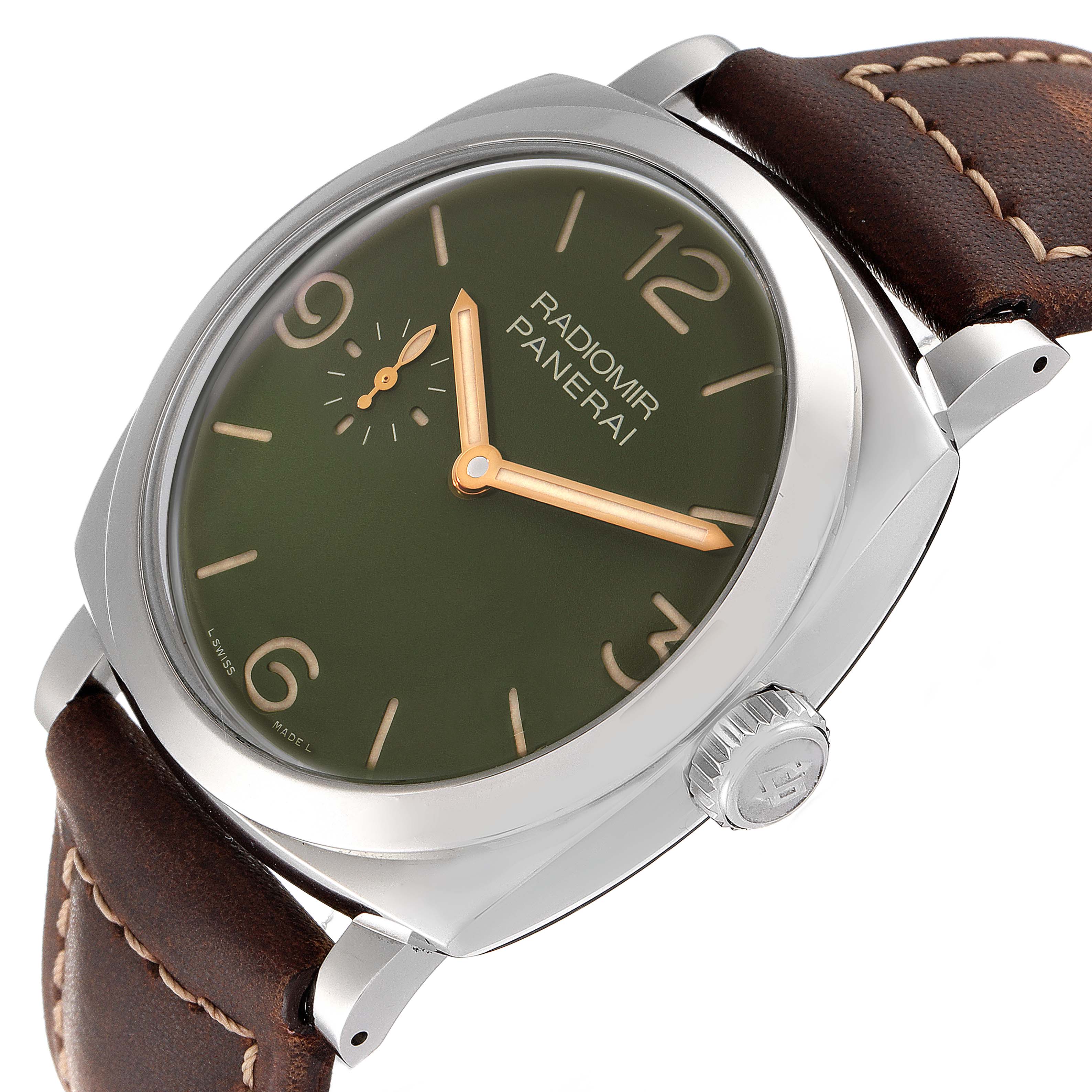 The image shows a Panerai Radiomir PAM00995 Men
s Stainless Steel Green Dial PAM00995 Men
s Stainless Steel Green Dial watch at an angled view, highlighting its green dial, gold hands, and brown leather strap.