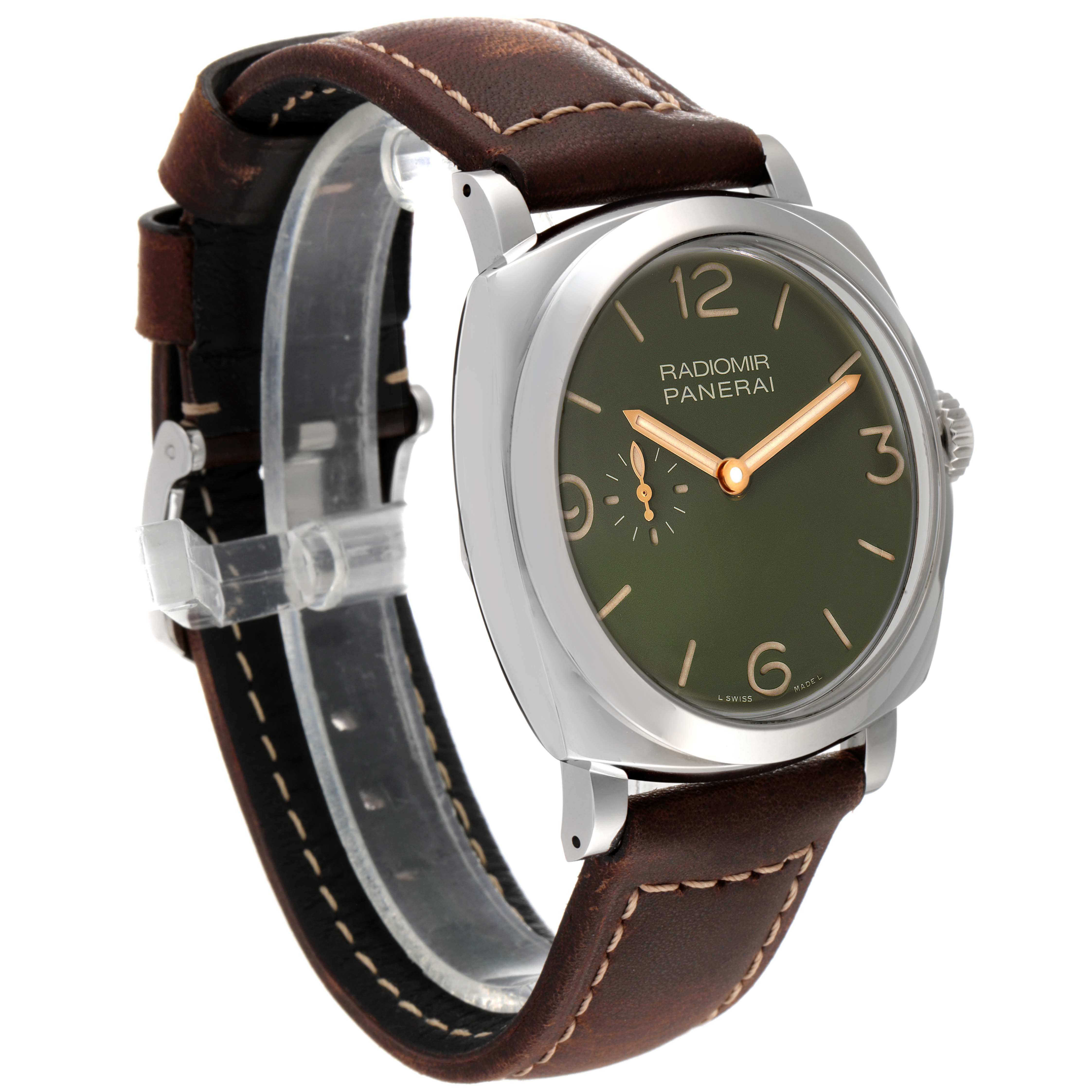 The Panerai Radiomir PAM00995 Men
s Stainless Steel Green Dial PAM00995 Men
s Stainless Steel Green Dial watch is shown at a three-quarter angle, emphasizing the watch face, case, and leather strap.