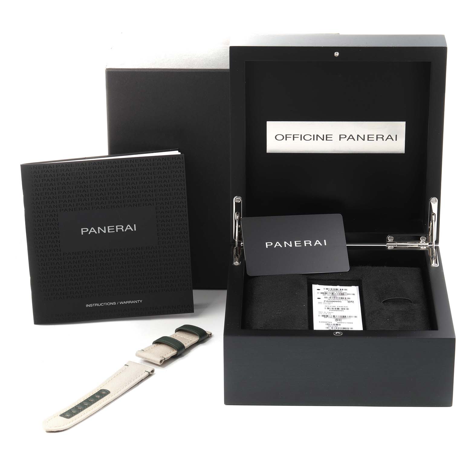 The image shows the packaging and accessories for a Panerai Radiomir PAM00995 Men
s Stainless Steel Green Dial PAM00995 Men
s Stainless Steel Green Dial watch, including the box, manual, warranty card, and an extra strap.