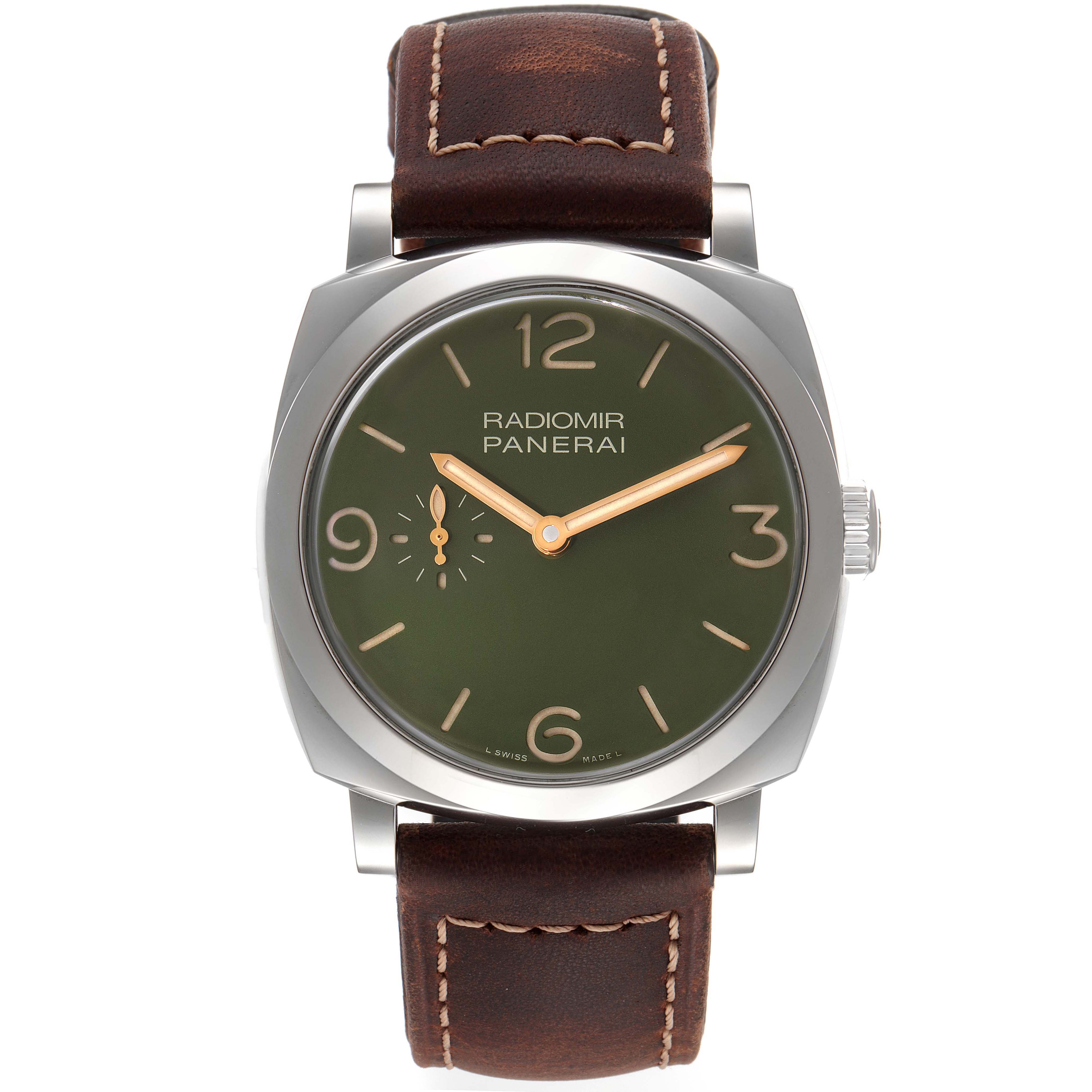 The image shows a front view of a Panerai Radiomir PAM00995 Men
s Stainless Steel Green Dial PAM00995 Men
s Stainless Steel Green Dial watch with brown leather straps and green dial.