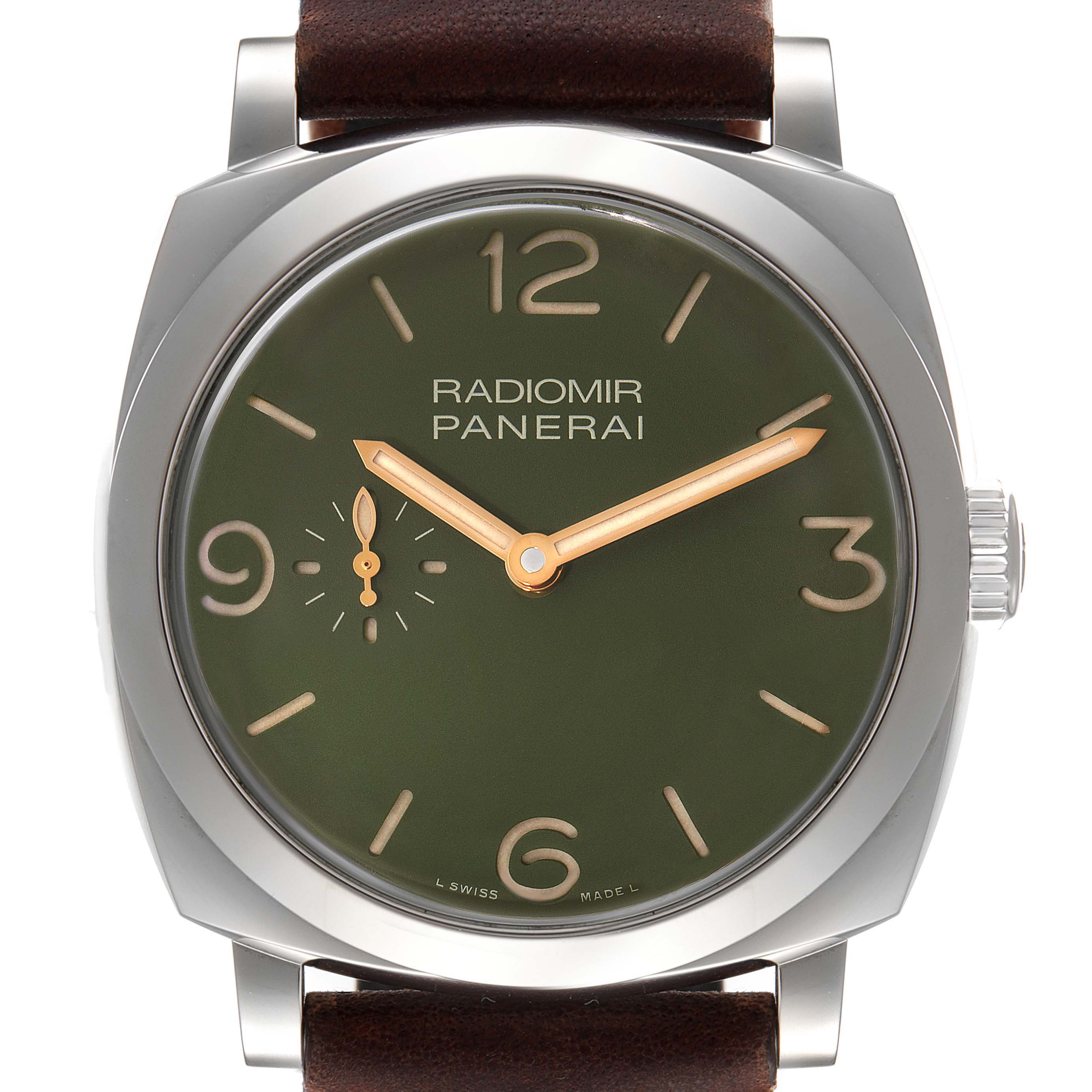 The image shows a frontal view of a Panerai Radiomir PAM00995 Men
s Stainless Steel Green Dial PAM00995 Men
s Stainless Steel Green Dial watch, highlighting its dial, hands, winding crown, and part of the strap.