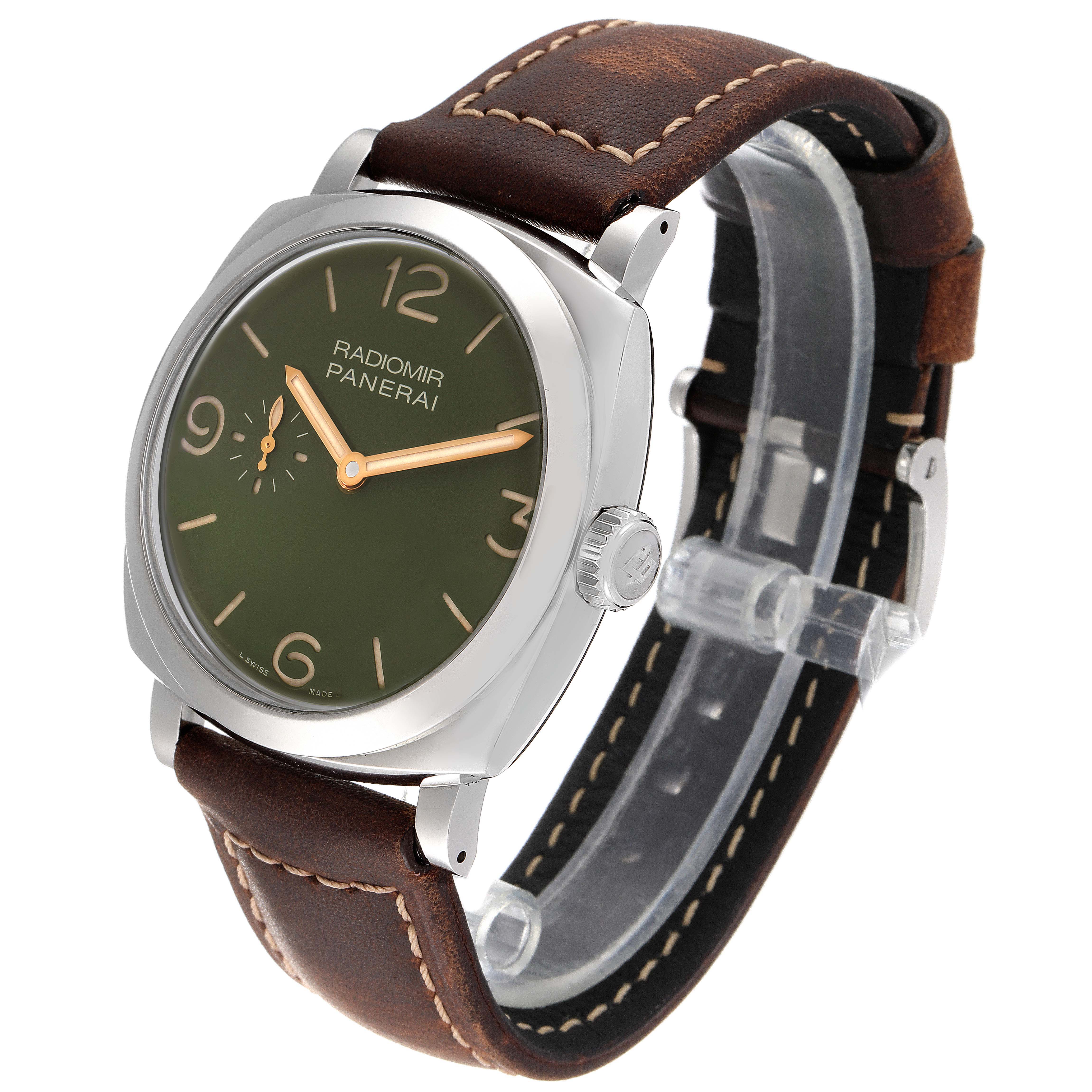 The Panerai Radiomir PAM00995 Men
s Stainless Steel Green Dial PAM00995 Men
s Stainless Steel Green Dial watch is shown at an angled view, displaying the face, crown, and brown leather strap.