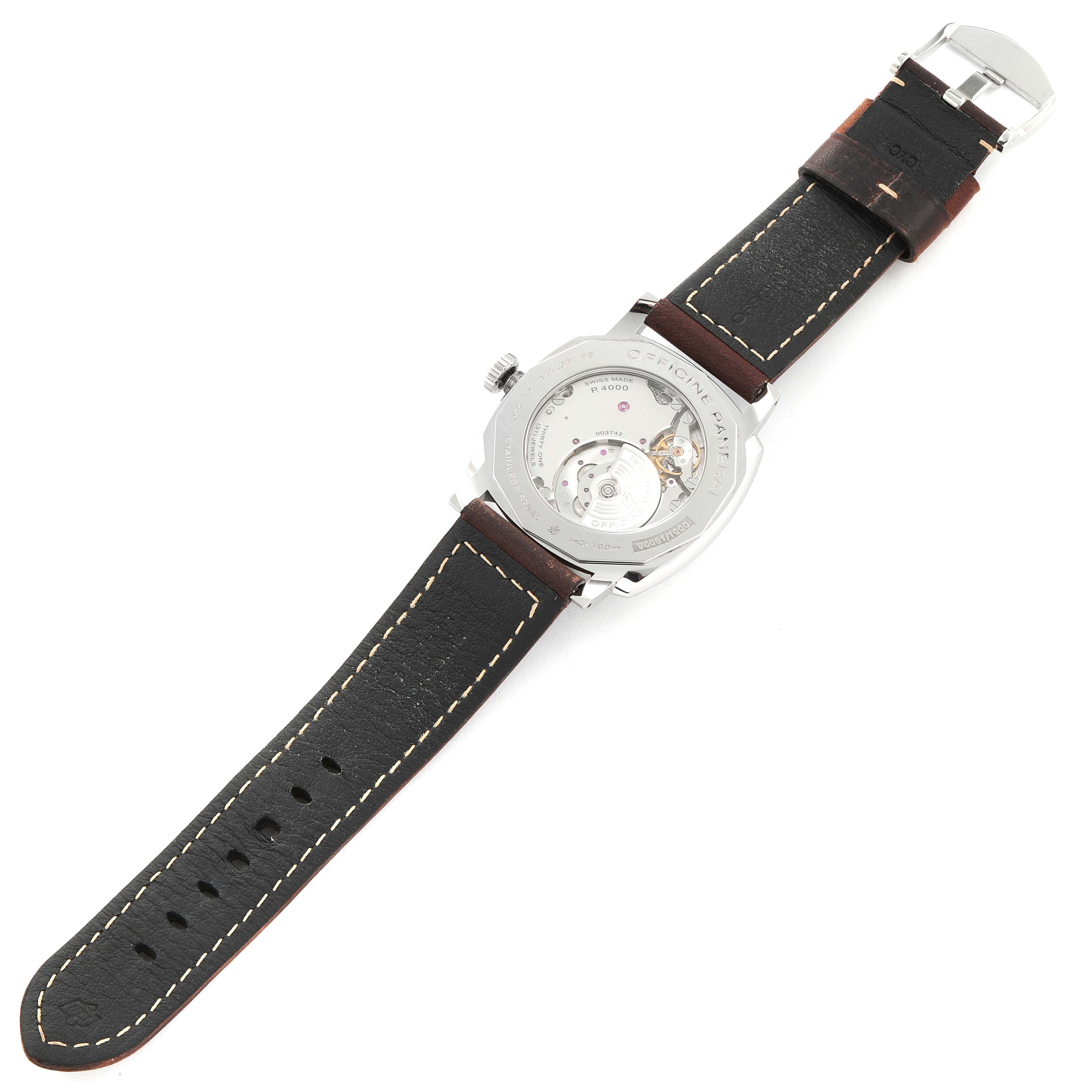 This image shows the back view of the Panerai Radiomir PAM00995 Men
s Stainless Steel Green Dial PAM00995 Men
s Stainless Steel Green Dial watch, highlighting its movement and leather strap.