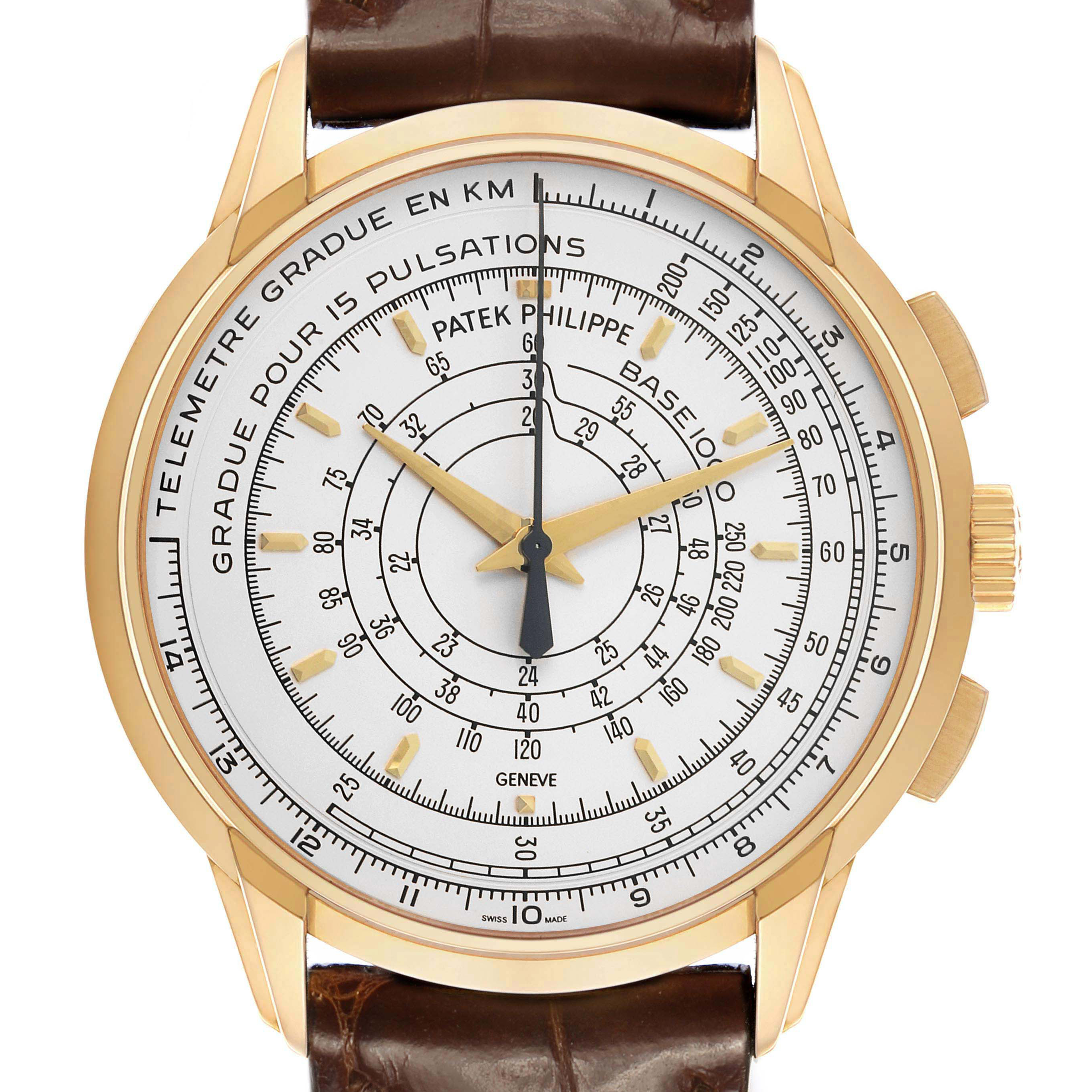 The Patek Philippe Complications 5975J-001 Men's Yellow Gold Silver Dial watch is shown from a front angle, highlighting its dial and bezel.