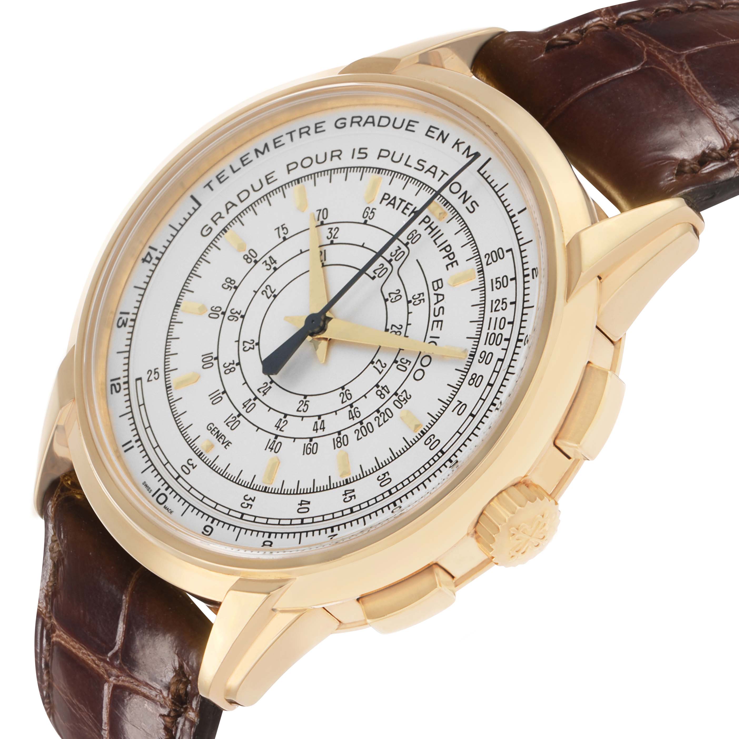 The Patek Philippe Complications 5975J-001 Men's Yellow Gold Silver Dial watch is shown at a slight angle, highlighting its face, bezel, crown, and leather strap.