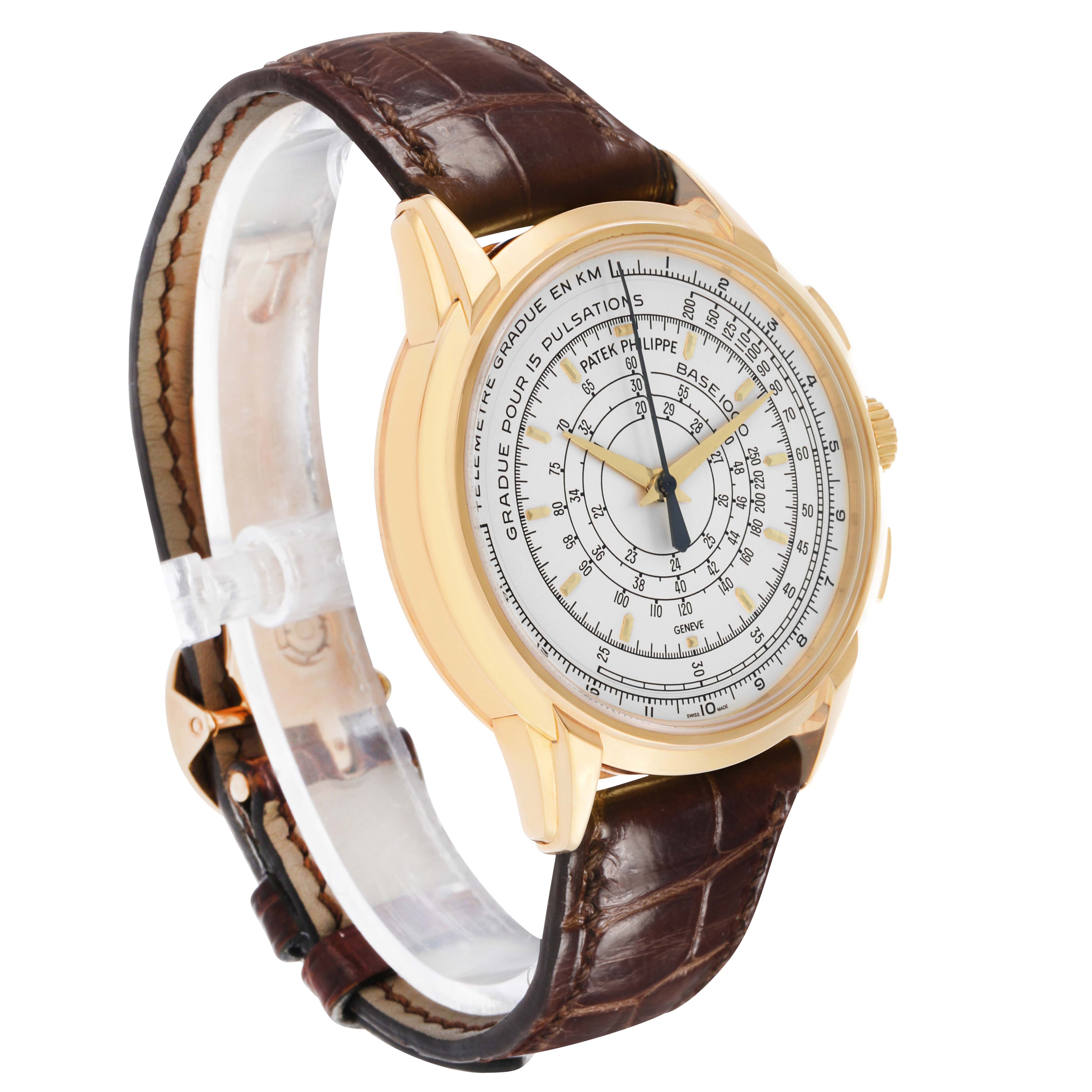 The Patek Philippe Complications 5975J-001 Men's Yellow Gold Silver Dial watch is shown at a three-quarter angle, highlighting the dial, crown, and brown leather strap.