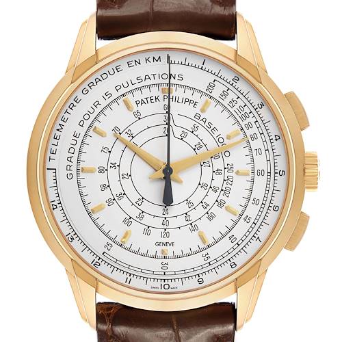 The Patek Philippe Complications 5975J-001 Men's Yellow Gold Silver Dial watch is shown from the front, highlighting the dial, hands, and bezel.