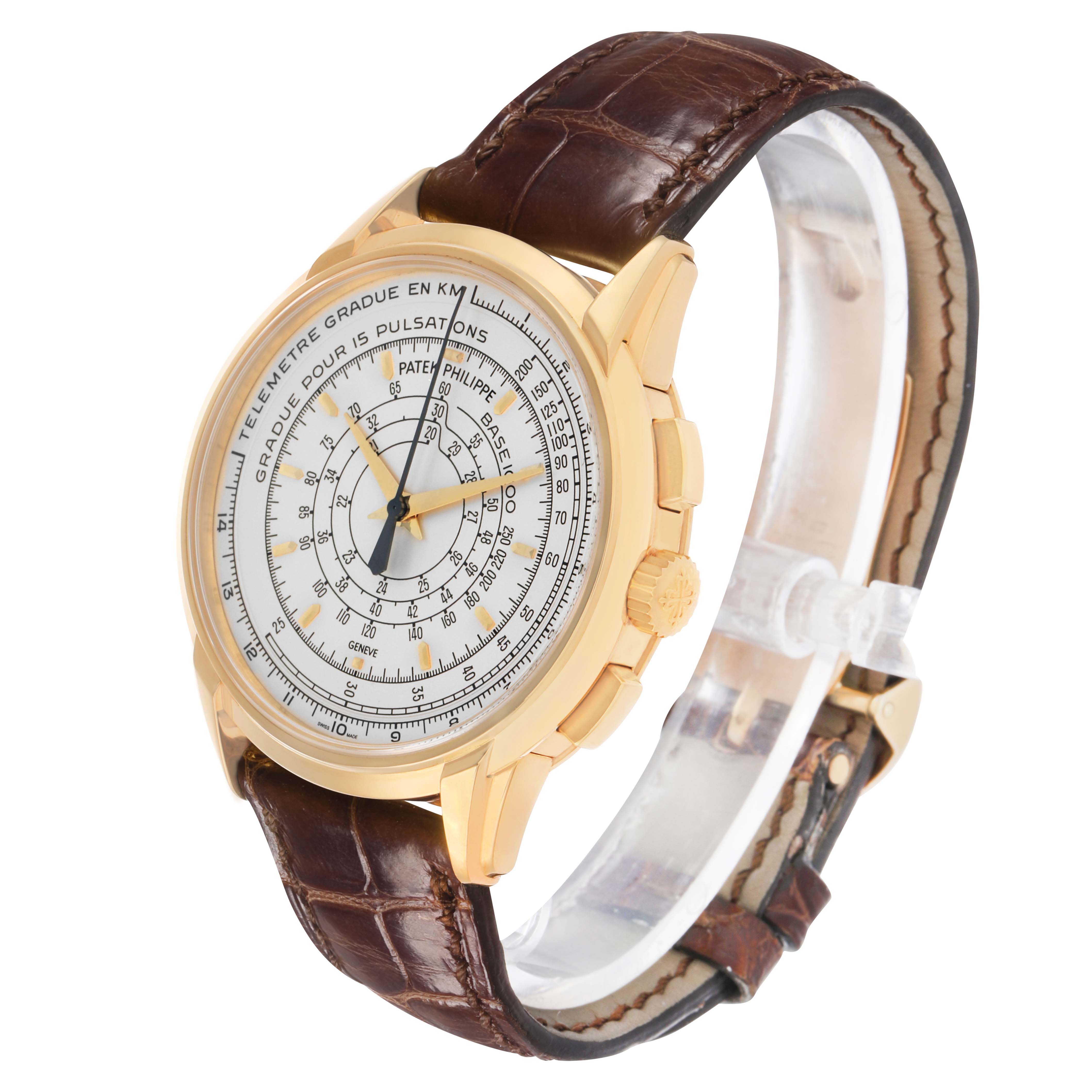 The Patek Philippe Complications 5975J-001 Men's Yellow Gold Silver Dial watch is shown from a three-quarter angle, displaying the dial, crown, and strap.