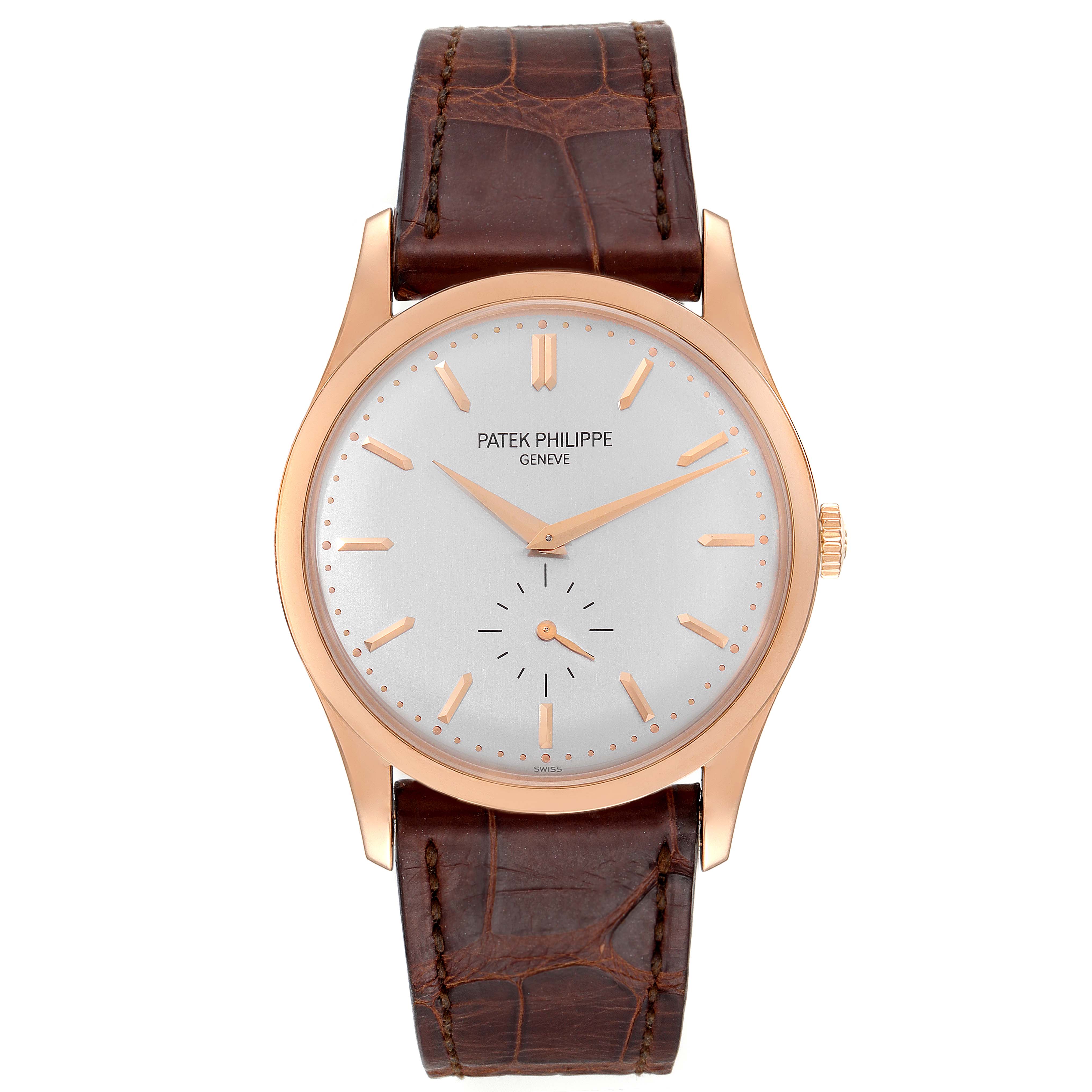 The image displays a front view of a Patek Philippe Calatrava 5196R Men's Rose Gold Silver Dial 5196R Men's Rose Gold Silver Dial watch with a gold case and brown leather strap.
