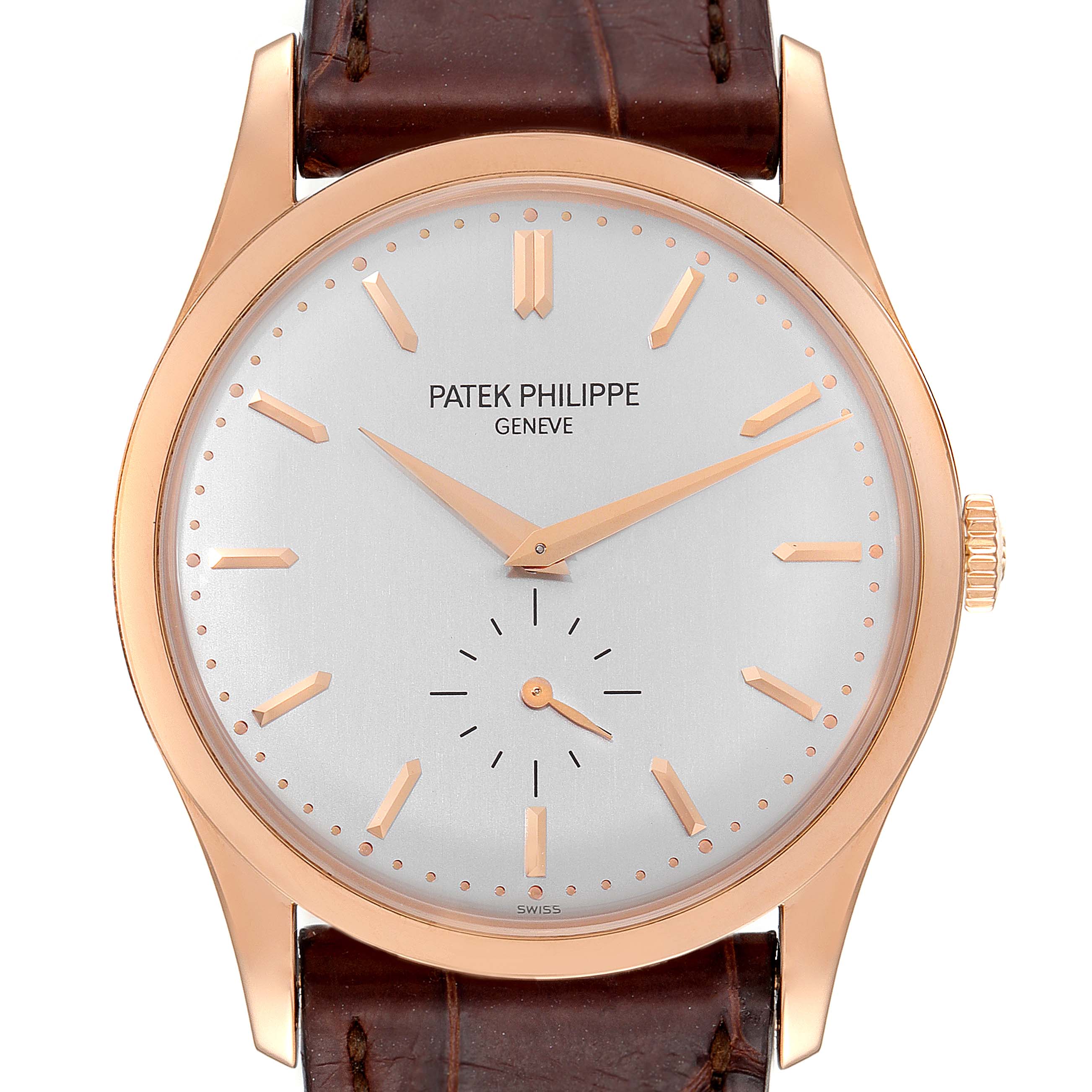The image displays a front angle view of the Patek Philippe Calatrava 5196R Men's Rose Gold Silver Dial 5196R Men's Rose Gold Silver Dial watch, showcasing its dial, hands, and leather strap.