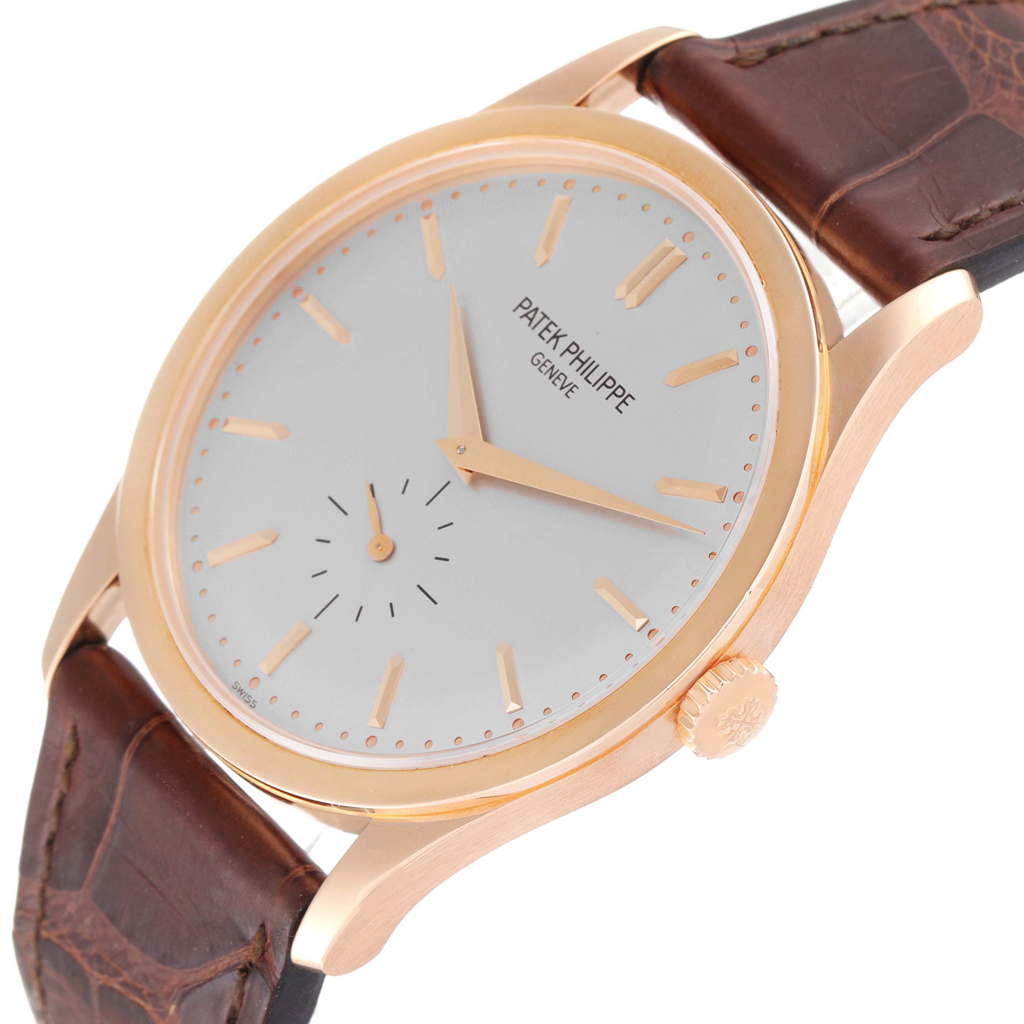 The image shows a side angle of the Patek Philippe Calatrava 5196R Men's Rose Gold Silver Dial 5196R Men's Rose Gold Silver Dial watch, highlighting its dial, crown, and leather strap.