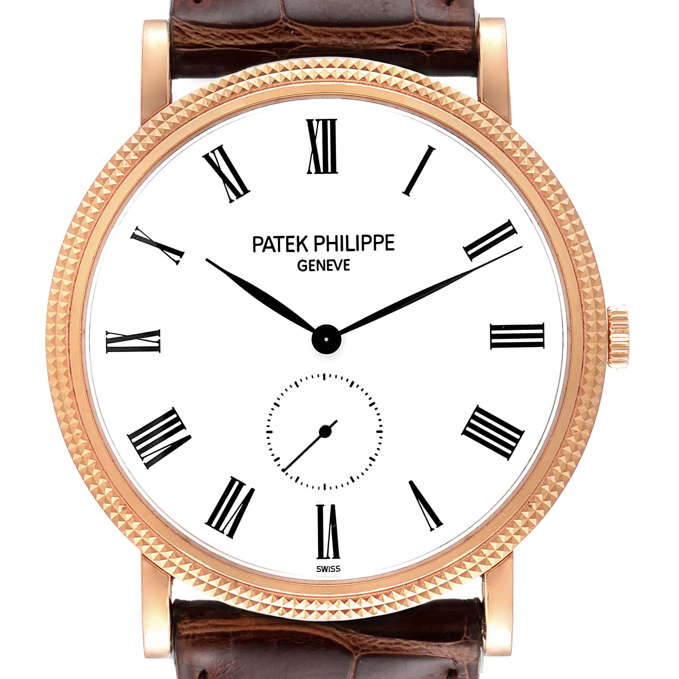 The image shows a front view of the Patek Philippe Calatrava 5119R Men
s Rose Gold White Dial 5119R Men
s Rose Gold White Dial watch, displaying its dial, hands, and strap attachment.