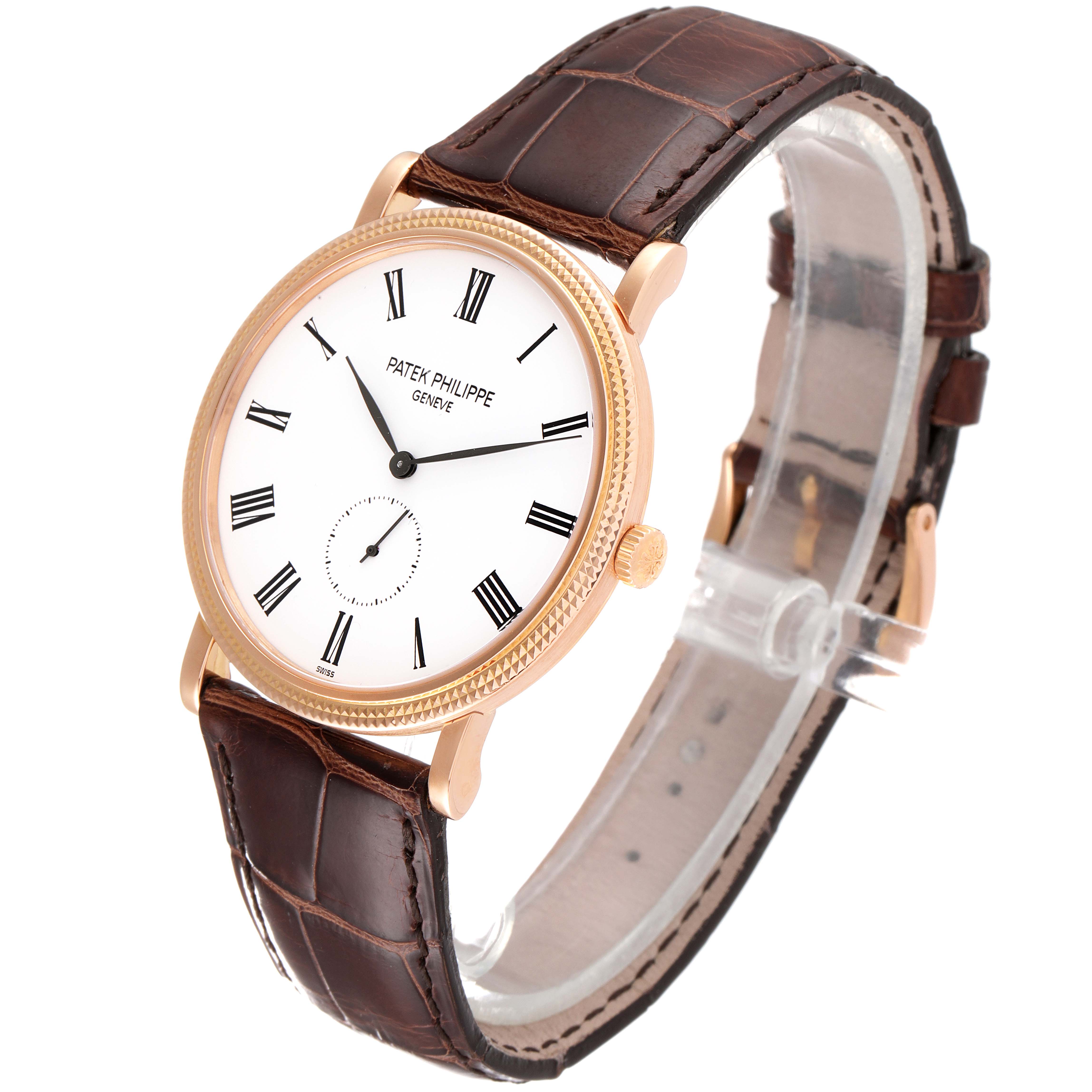 The image shows a Patek Philippe Calatrava 5119R Men
s Rose Gold White Dial 5119R Men
s Rose Gold White Dial watch angled slightly to the right, displaying the face and brown leather strap.