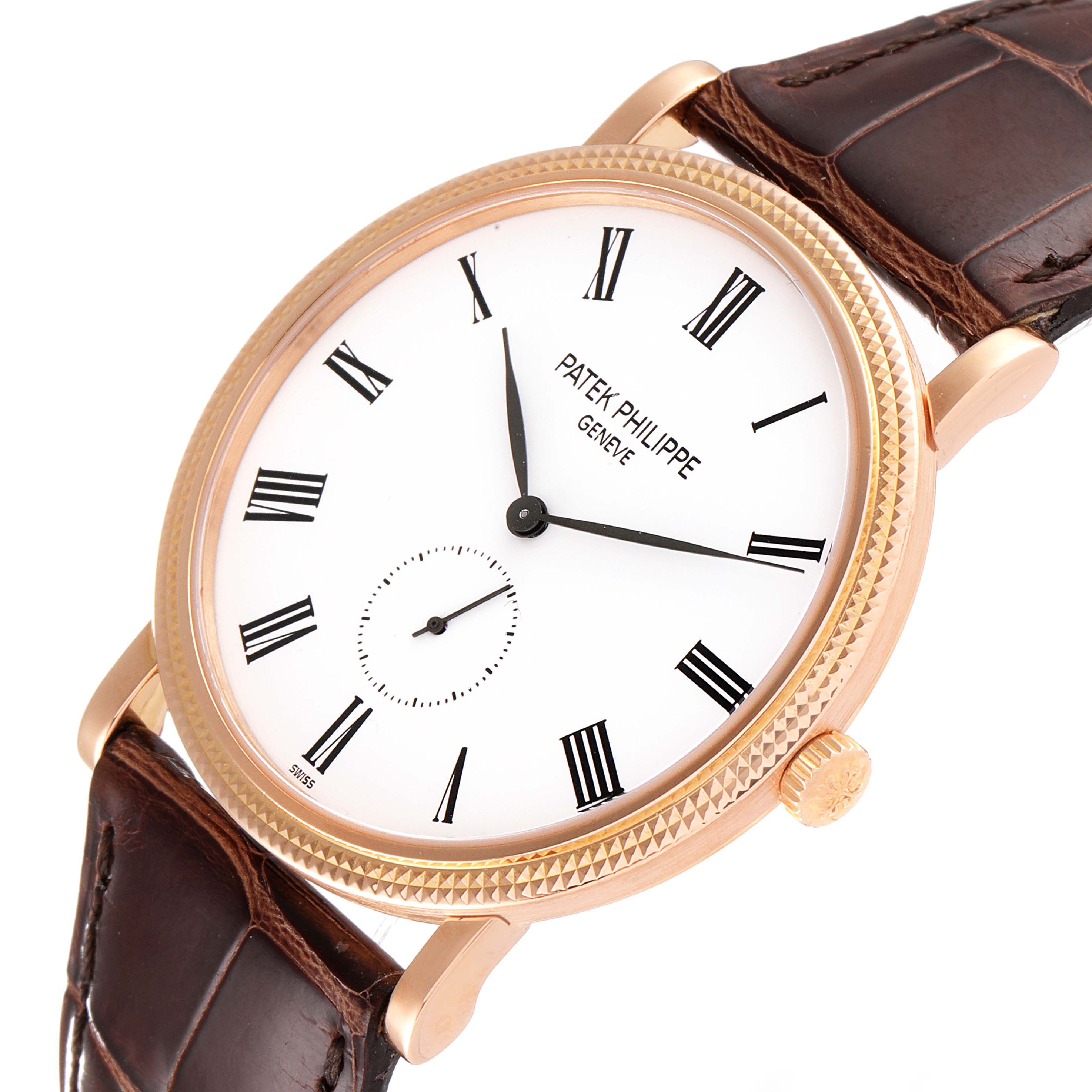 The image shows a Patek Philippe Calatrava 5119R Men
s Rose Gold White Dial 5119R Men
s Rose Gold White Dial watch at an angle highlighting its dial, Roman numerals, hands, bezel, crown, and brown leather strap.