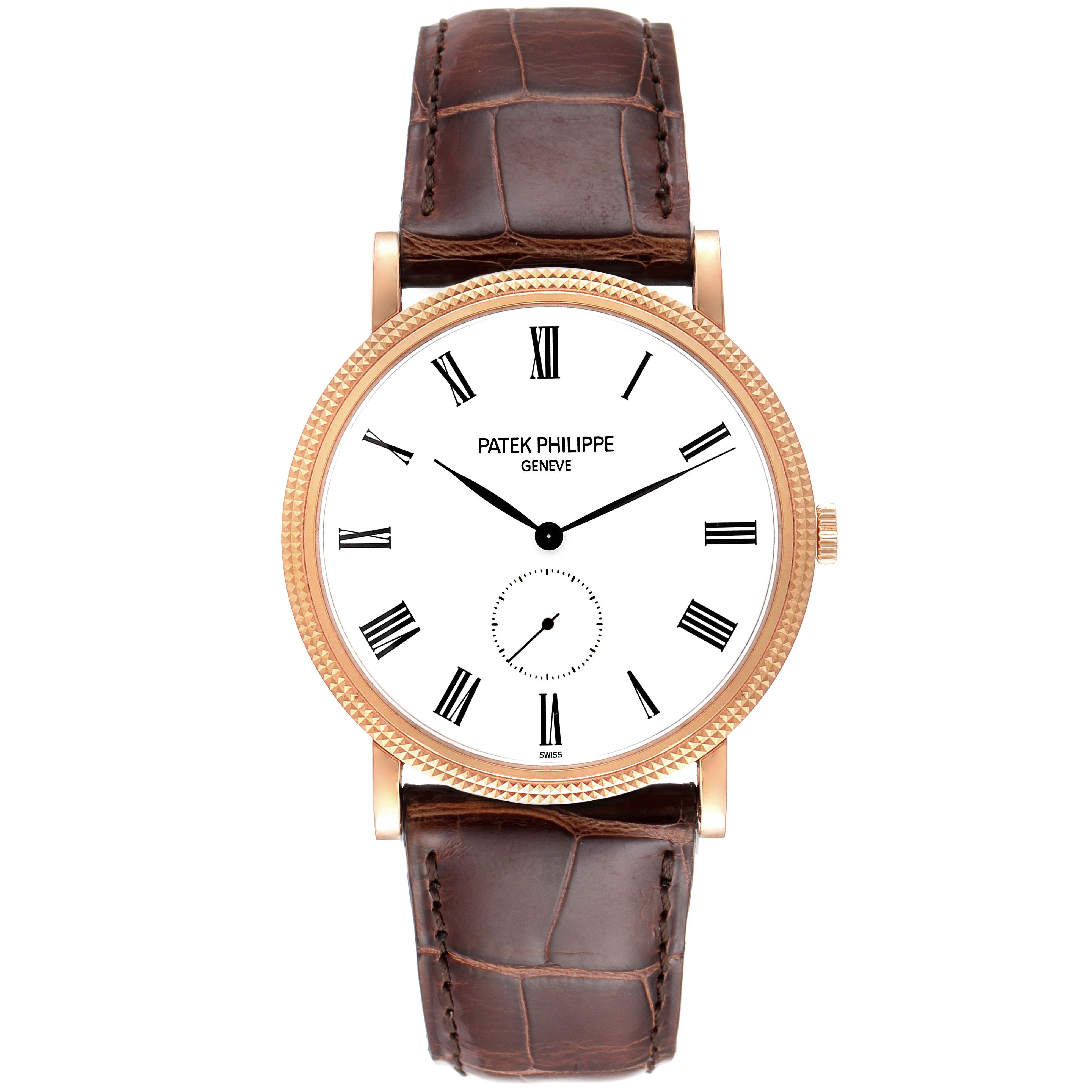 This image shows a front view of a Patek Philippe Calatrava 5119R Men
s Rose Gold White Dial 5119R Men
s Rose Gold White Dial watch with a brown leather strap and a white dial with Roman numerals.