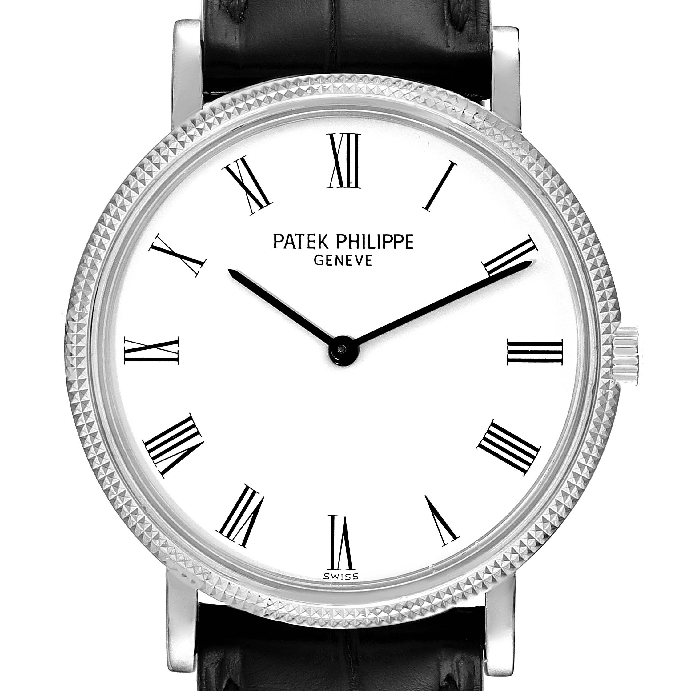 The Patek Philippe Calatrava 5120G Men
s White Gold White Dial 5120G Men
s White Gold White Dial watch is shown from a front angle, displaying its dial, bezel, and part of the leather strap.