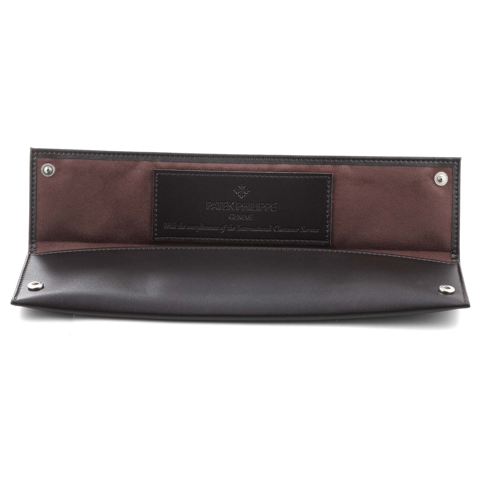 The image shows an open leather watch pouch for the Patek Philippe Calatrava 5120G Men
s White Gold White Dial 5120G Men
s White Gold White Dial model, emphasizing the brand
s name and logo inside.