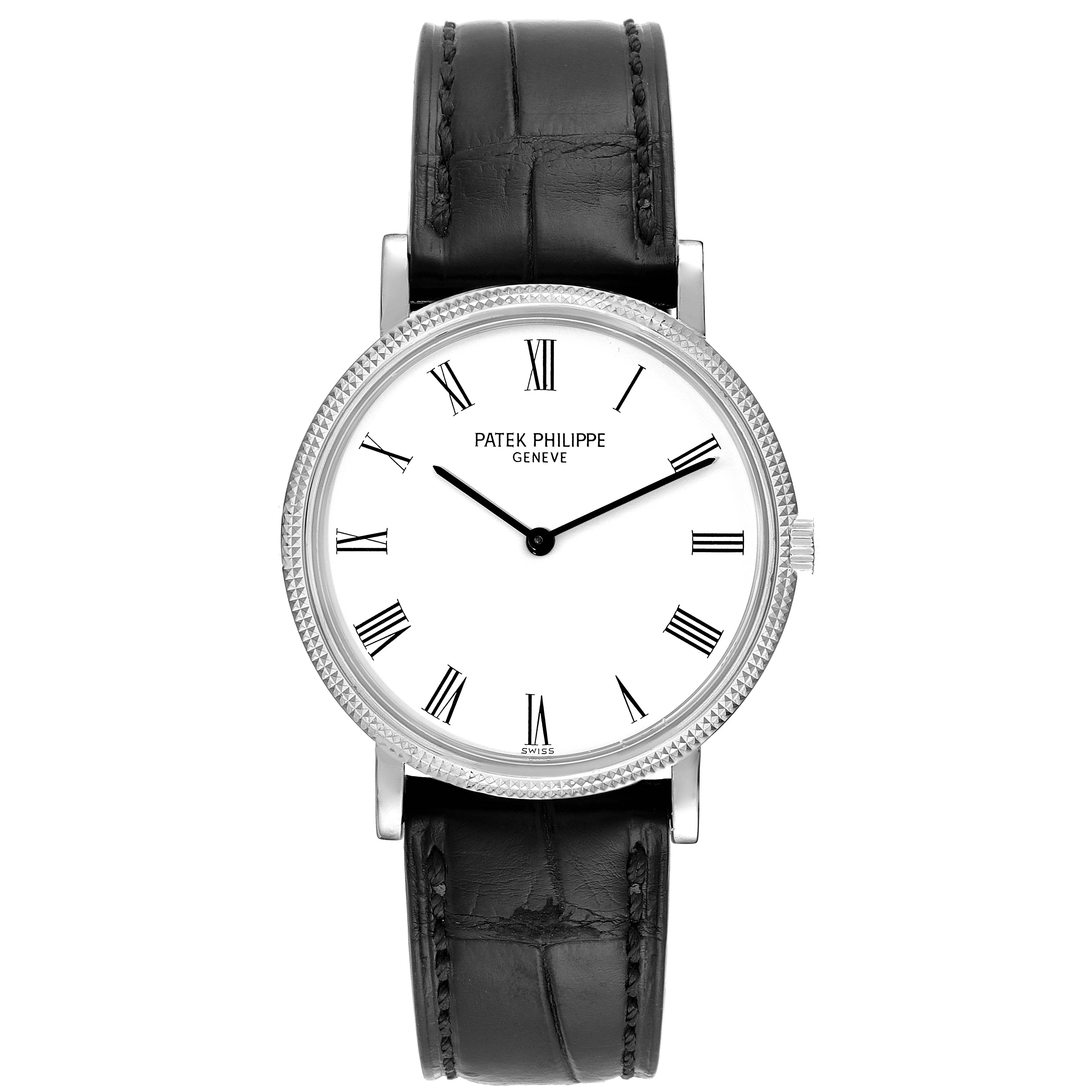 The image shows a front view of a Patek Philippe Calatrava 5120G Men
s White Gold White Dial 5120G Men
s White Gold White Dial watch, highlighting its dial, hour markers, and leather strap.