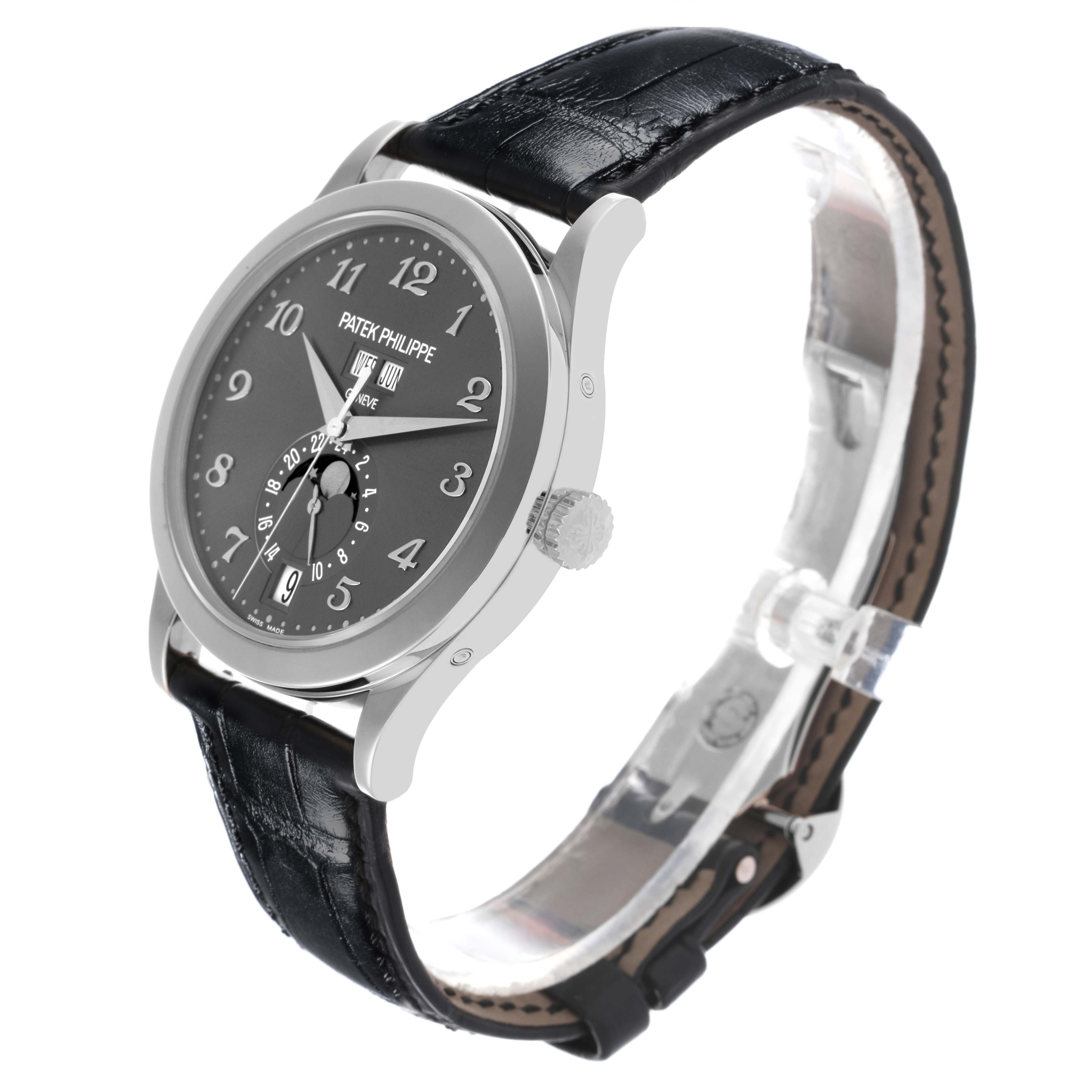 The Patek Philippe Complications 5396G-014 Men's White Gold Grey Dial 5396G-014 Men's White Gold Grey Dial watch is shown from a side angle, displaying the dial, case, crown, and leather strap.