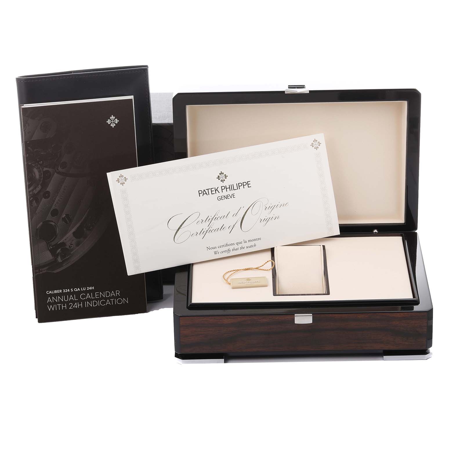 The image shows a Patek Philippe Complications 5396G-014 Men's White Gold Grey Dial 5396G-014 Men's White Gold Grey Dial watch box, certificate, and documentation from a top-front angle.