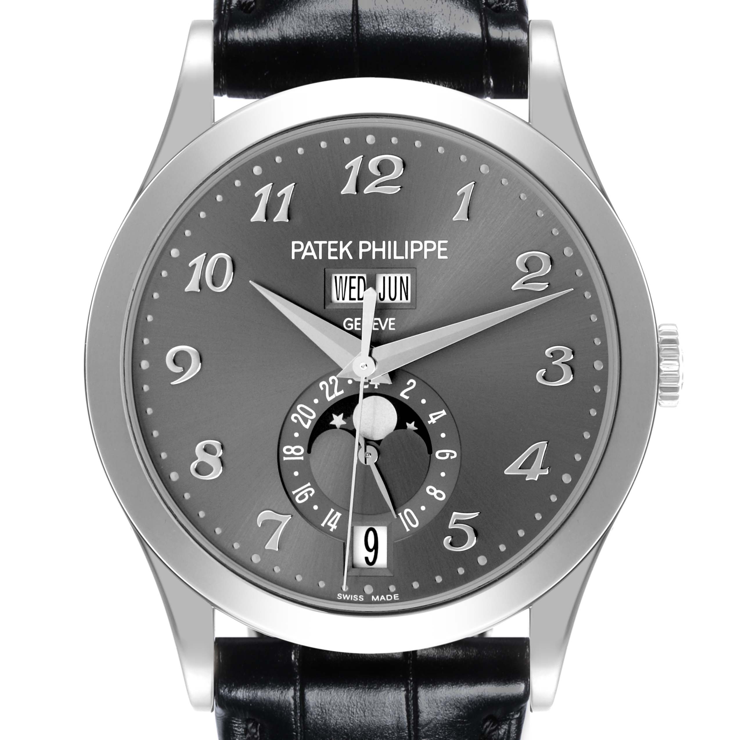 The Patek Philippe Complications 5396G-014 Men's White Gold Grey Dial 5396G-014 Men's White Gold Grey Dial watch is shown from the front, highlighting its face, numerals, hands, and leather strap.