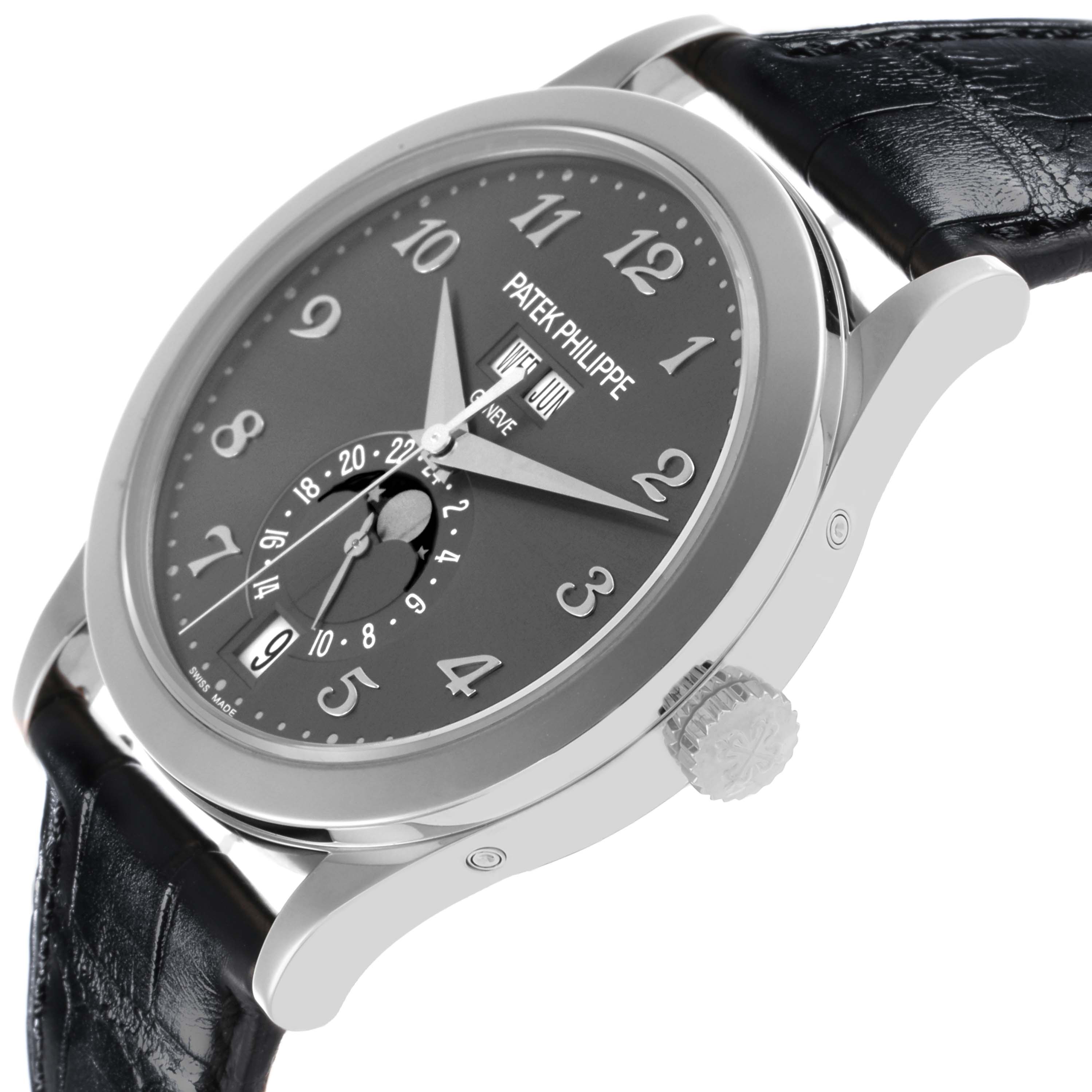 The Patek Philippe Complications 5396G-014 Men's White Gold Grey Dial 5396G-014 Men's White Gold Grey Dial model is shown at an angle highlighting its face, crown, and part of the leather strap.
