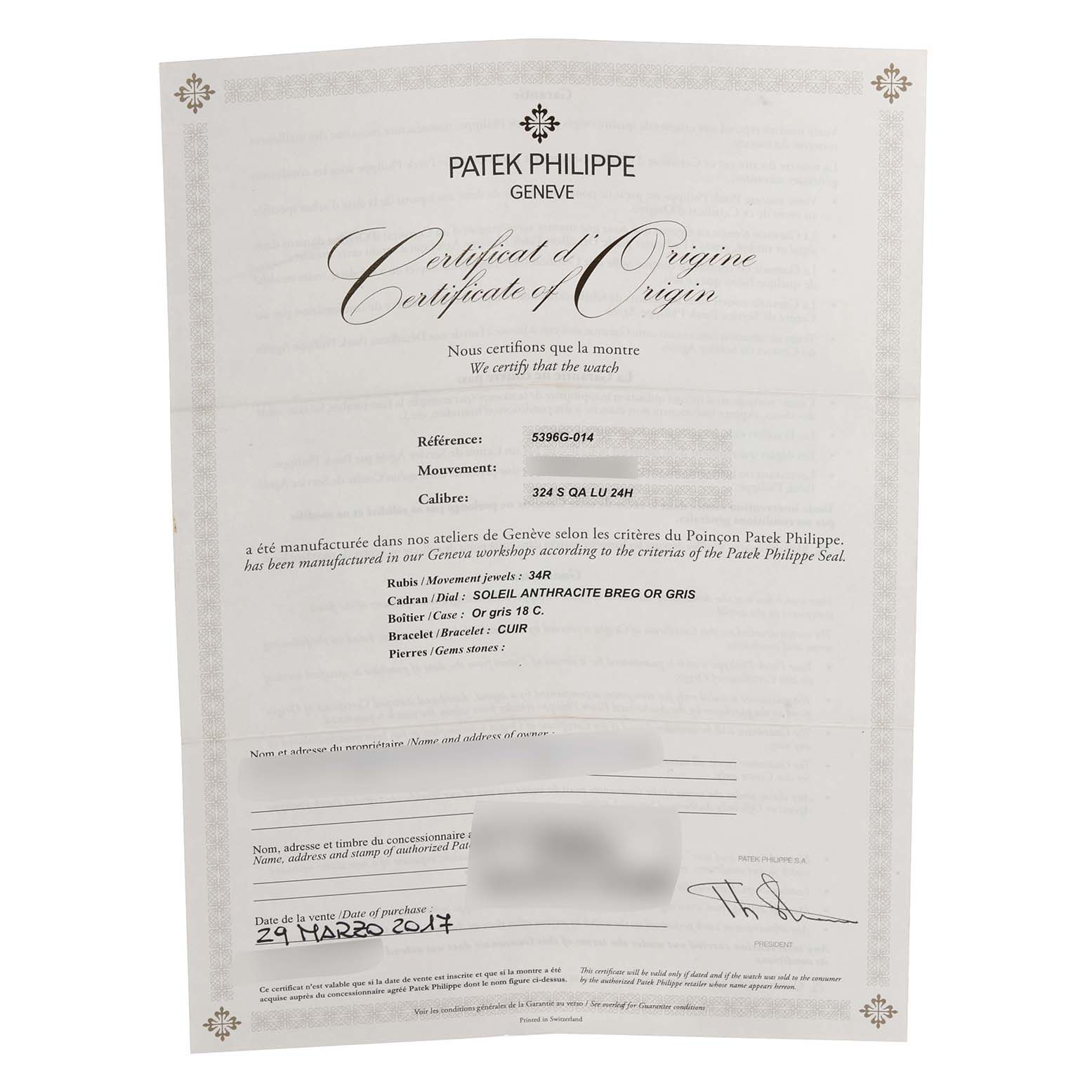 The image shows a Patek Philippe Complications 5396G-014 Men's White Gold Grey Dial 5396G-014 Men's White Gold Grey Dial model Certificate of Origin, listing watch details like reference and movement.