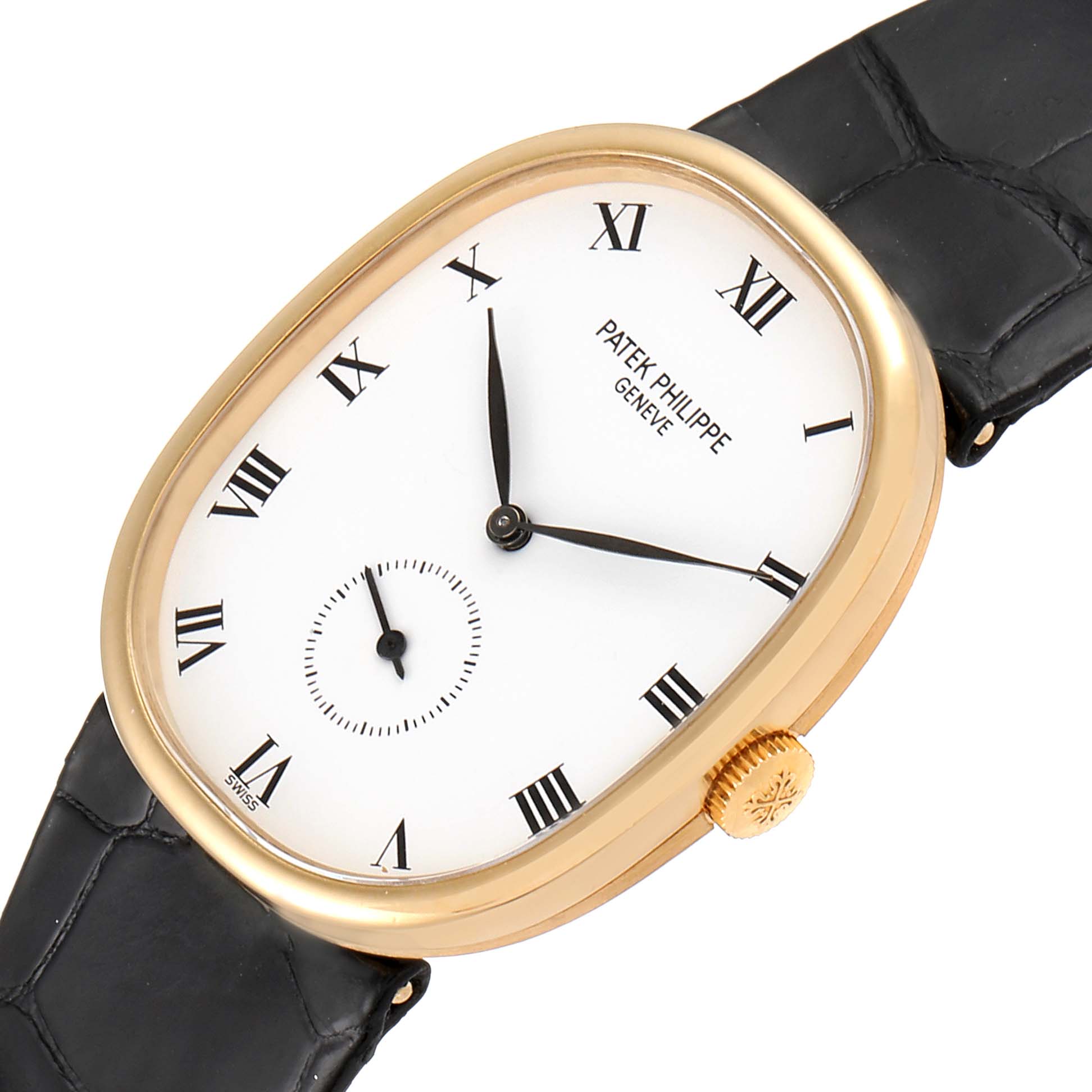 The Patek Philippe Golden Ellipse 3948 Men's Yellow Gold White Dial 3948 Men's Yellow Gold White Dial watch is shown at an angled close-up, displaying the face, hands, and strap.