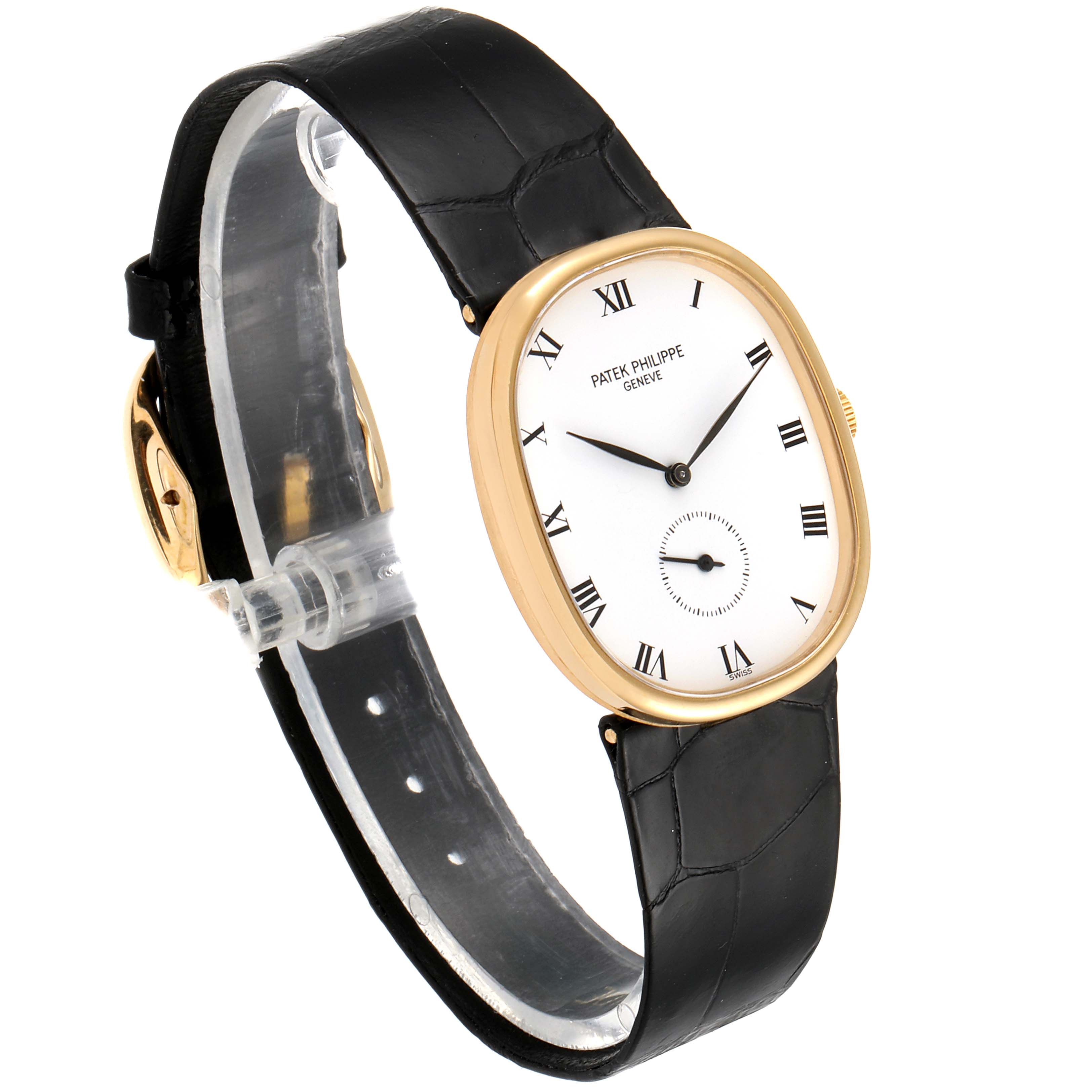 This is a side view of a Patek Philippe Golden Ellipse 3948 Men's Yellow Gold White Dial 3948 Men's Yellow Gold White Dial watch showing the face, case, and black leather strap.