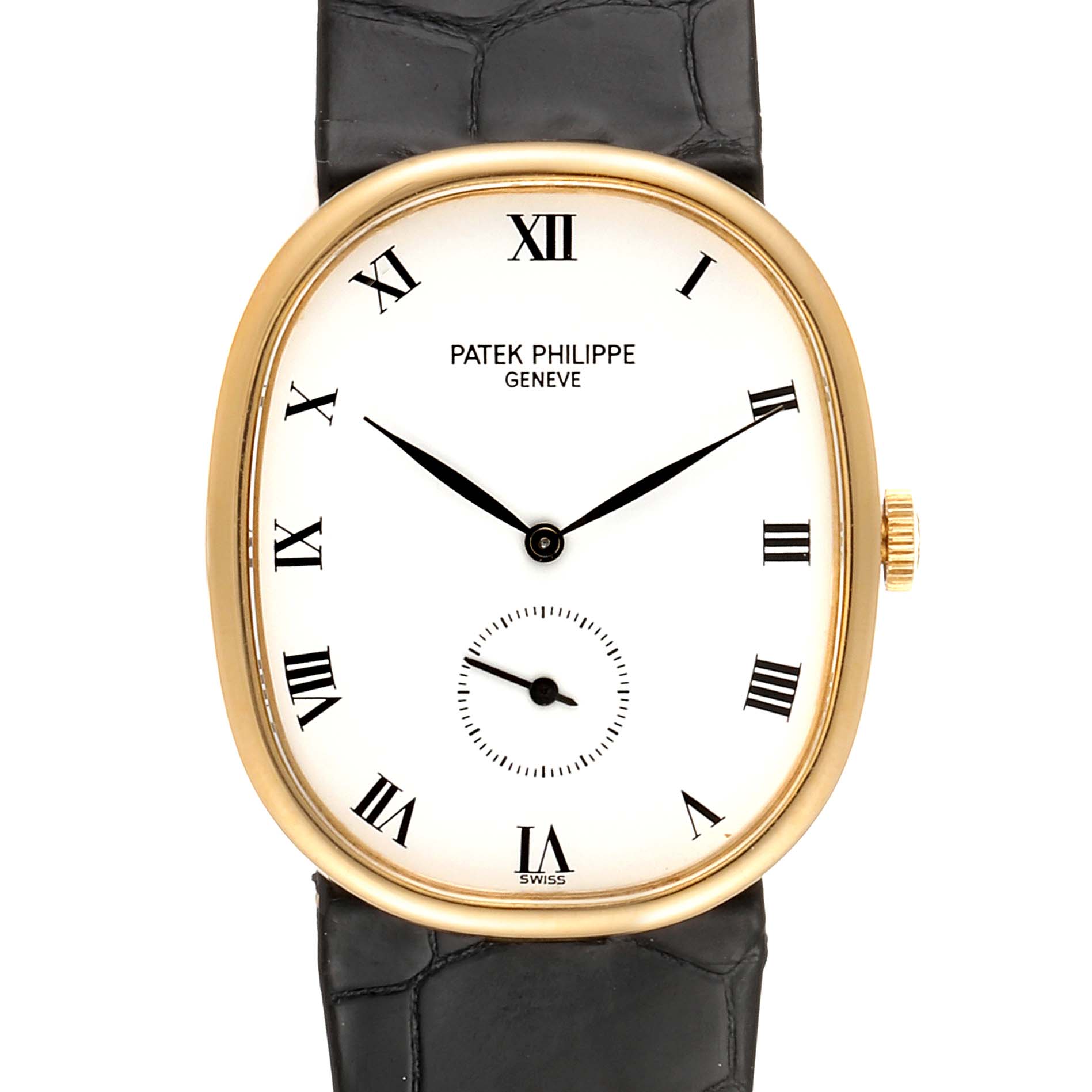 The image shows a frontal view of the Patek Philippe Golden Ellipse 3948 Men's Yellow Gold White Dial 3948 Men's Yellow Gold White Dial watch, showcasing its dial, hands, and part of its strap.