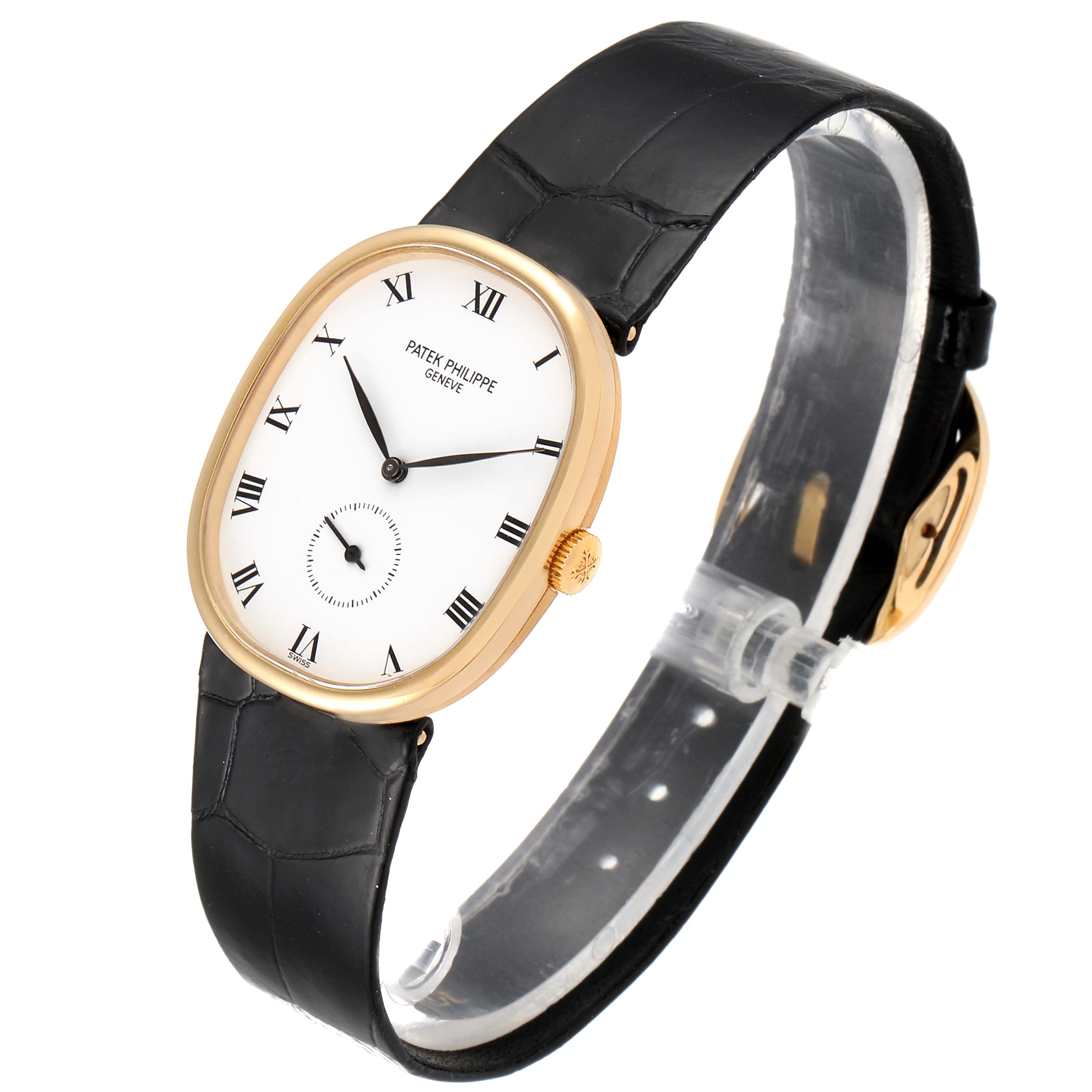 This image shows a side and front-angle view of the Patek Philippe Golden Ellipse 3948 Men's Yellow Gold White Dial 3948 Men's Yellow Gold White Dial watch, featuring its dial, case, strap, and crown.