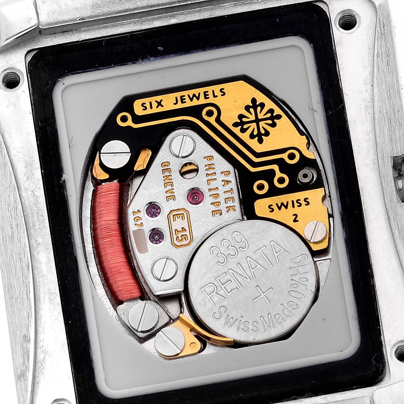 The image shows the movement and inner components of a Patek Philippe Gondolo 4825G Women
s White Gold Mother of Pearl Dial 4825G Women
s White Gold Mother of Pearl Dial watch from the back.