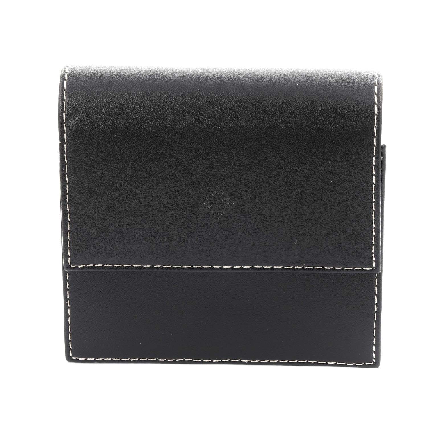 The image shows a black leather watch pouch accessory with white stitching for the Patek Philippe Gondolo 4825G Women
s White Gold Mother of Pearl Dial 4825G Women
s White Gold Mother of Pearl Dial model.
