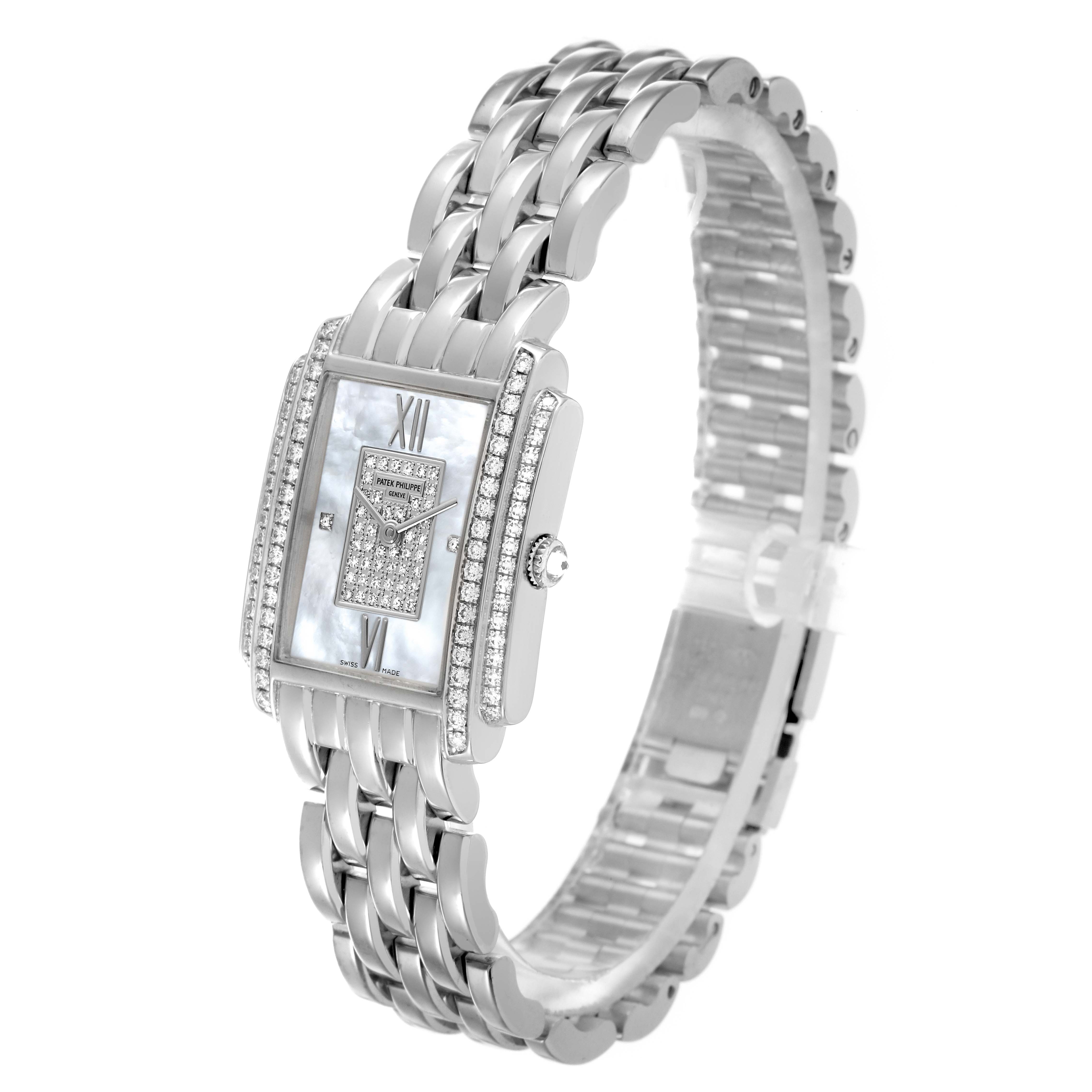 The Patek Philippe Gondolo 4825G Women
s White Gold Mother of Pearl Dial 4825G Women
s White Gold Mother of Pearl Dial watch is shown at a slight angle, highlighting the face, bezel, and bracelet.