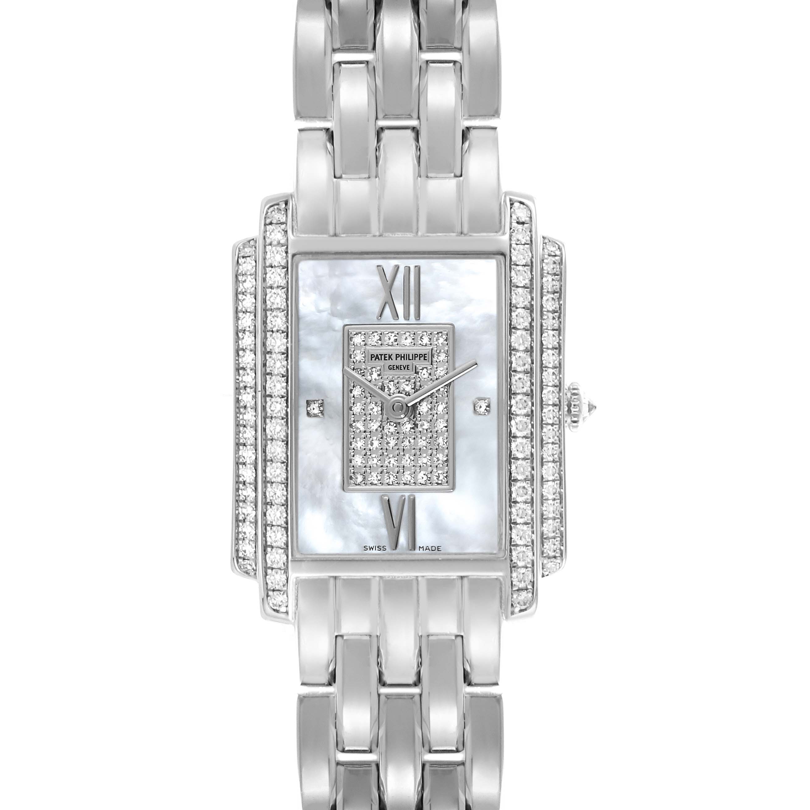 The Patek Philippe Gondolo 4825G Women
s White Gold Mother of Pearl Dial 4825G Women
s White Gold Mother of Pearl Dial watch is shown from a front angle, displaying its face, rectangular case, and metal bracelet.
