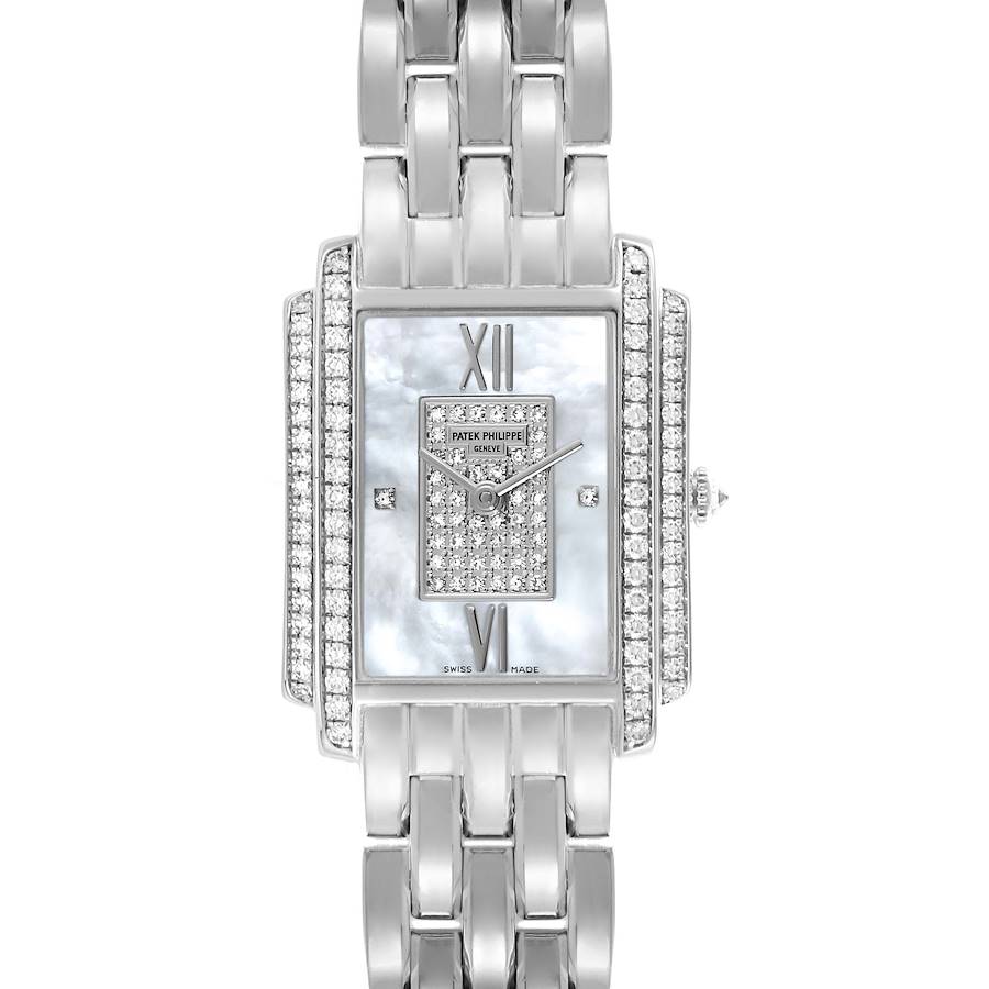 The Patek Philippe Gondolo watch is shown from a front angle, displaying its face, rectangular case, and metal bracelet.