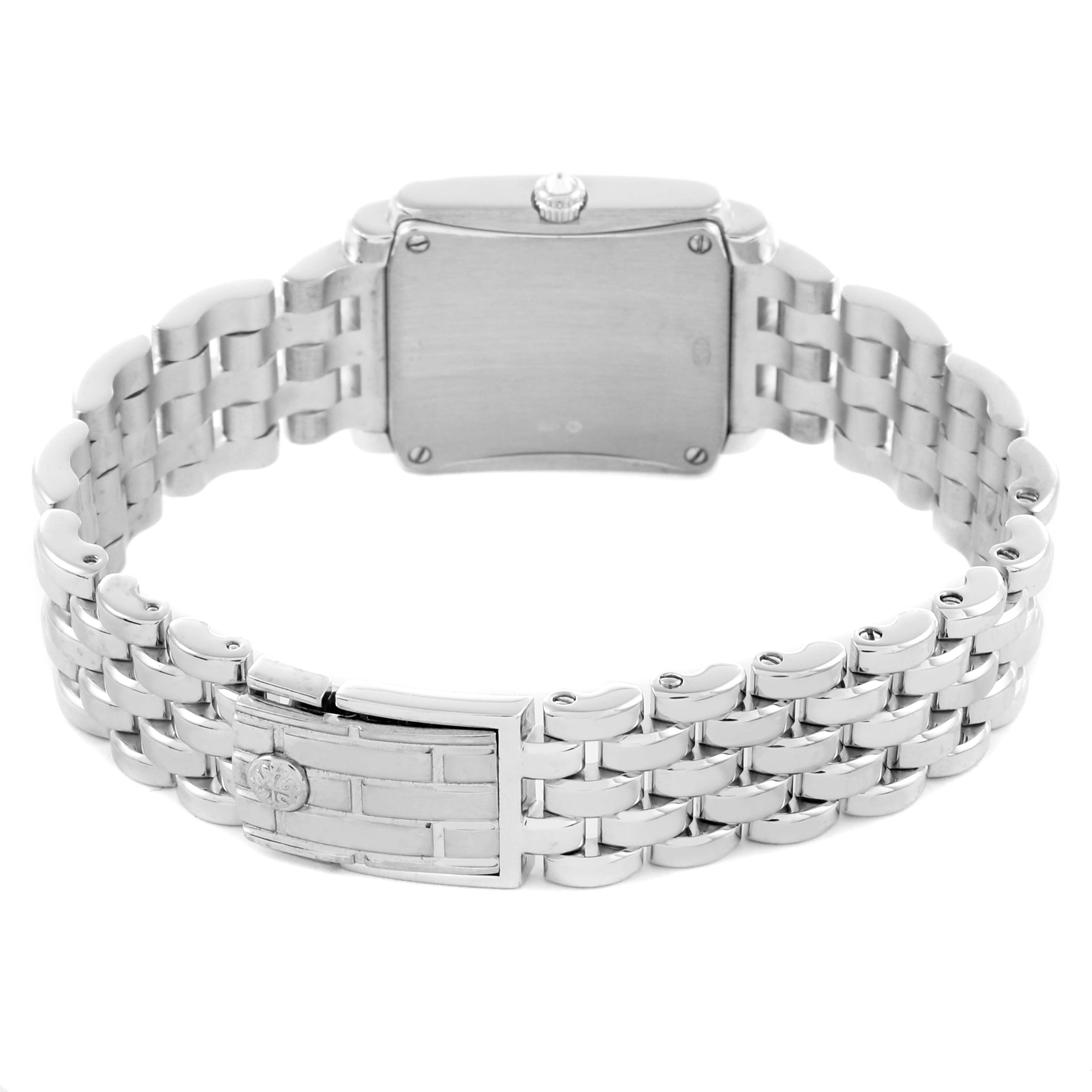 The Patek Philippe Gondolo 4825G Women
s White Gold Mother of Pearl Dial 4825G Women
s White Gold Mother of Pearl Dial watch is shown from the back, highlighting its case, crown, and metal bracelet.