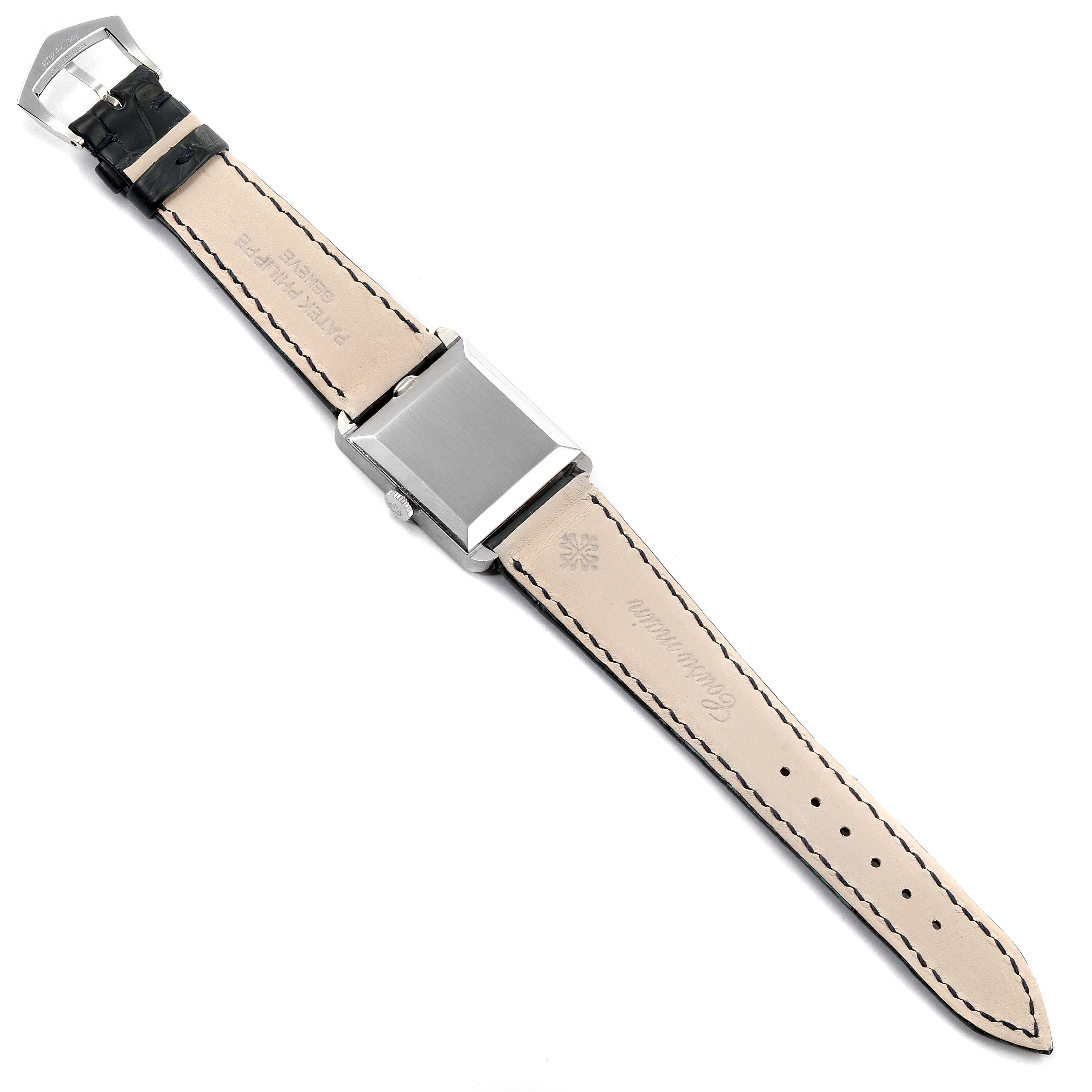 This image shows the back view of a Patek Philippe Vintage 3467 Men's White Gold Silver Dial 3467 Men's White Gold Silver Dial model watch, highlighting the case, strap, and buckle.