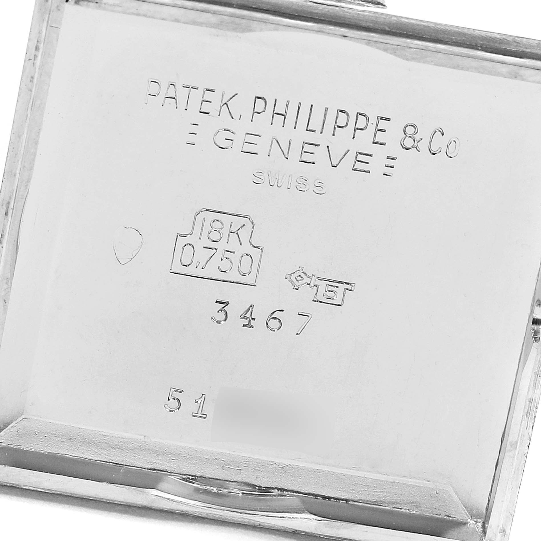 The image shows the back cover of a Vintage Patek Philippe watch, highlighting the 18K gold mark, model number 3467, and the brand inscription.