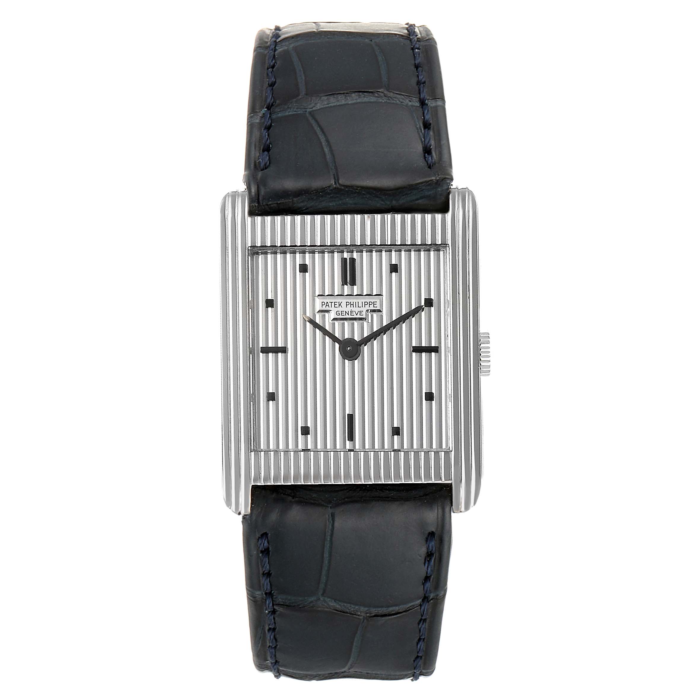 This is a front view of a Vintage Patek Philippe watch featuring a rectangular case and a black leather strap.