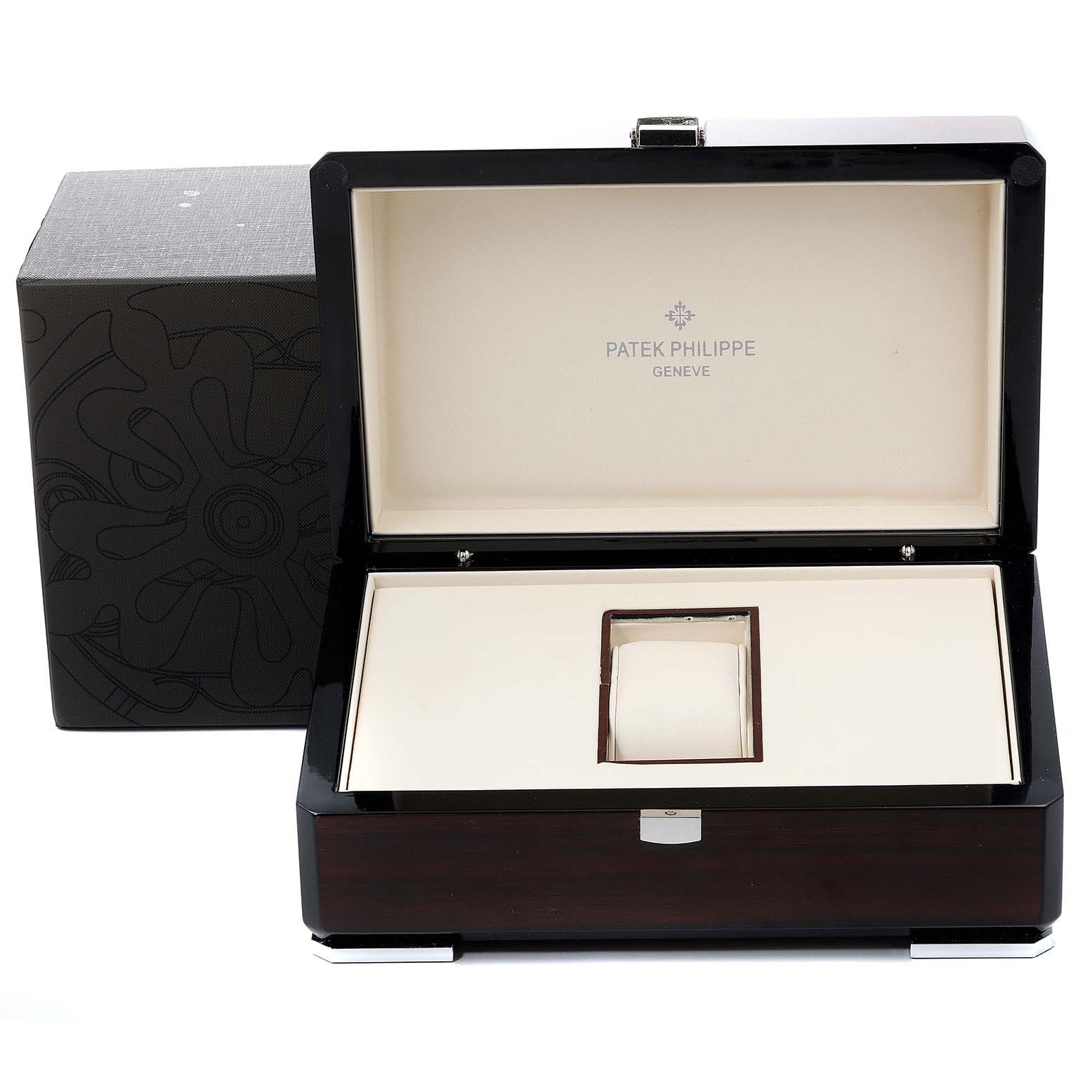 A rectangular watch box for the Patek Philippe Nautilus 5711/1A-010 Men's Stainless Steel Blue Dial 5711/1A-010 Men's Stainless Steel Blue Dial model is shown open, revealing its interior and outer packaging.